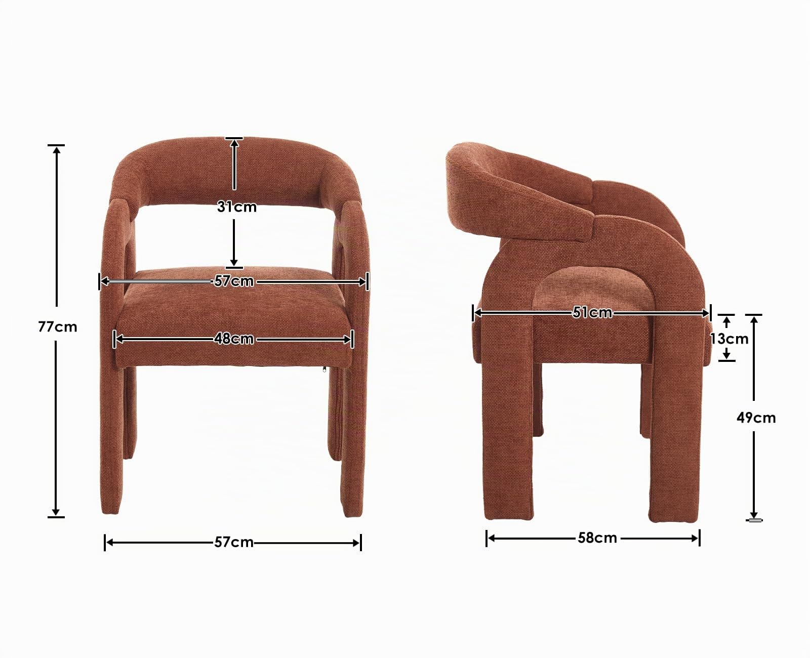 Lot de 2 Chaises de Cuisine en Chenille Chaise de Salle à Manger avec Dossier Incurvé Fauteuil Dîner Moderne, Orange