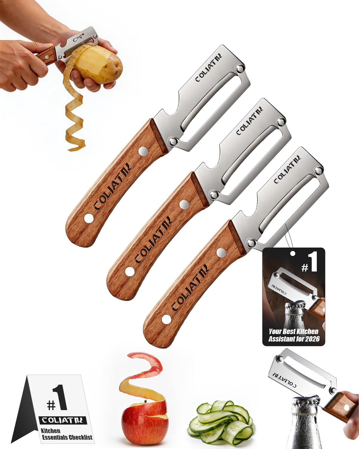 Zero Snag Wooden Kitchen Tools 2-in-1 Multifunctional Vegetable Peeler for Opene Multi-Functional Premium Stainless Steel with Woodens Handle and 2026 New Tool with Bottle Opener (3pcs)