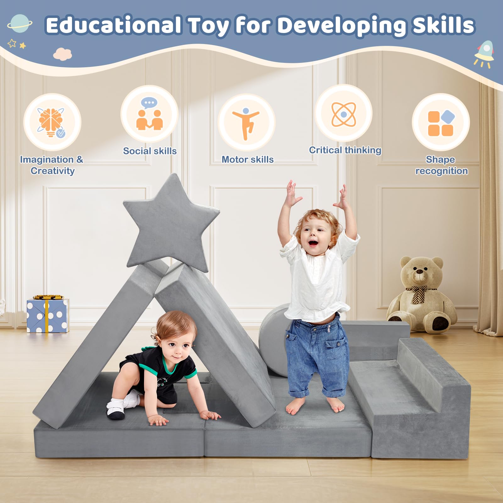 9-teiliges Modulares Spielsofa Grau, DIY Kindercouch mit Stern- und Mondkissen, Umwandelbar als Sofa & Spielburg, Weiches Schaumstoff-Sofa für Kinder