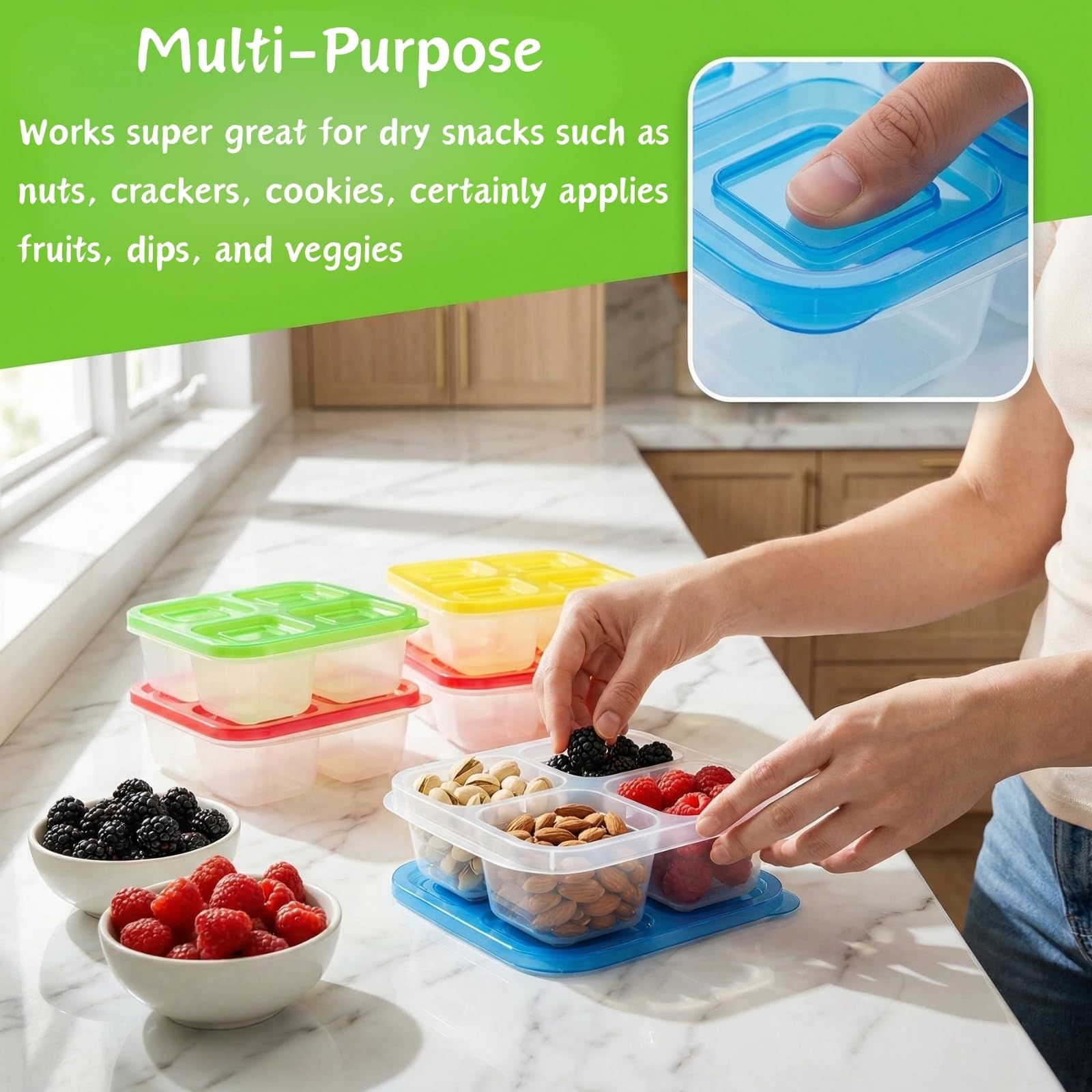 AVLA Paquete de 10 cajas Bento para aperitivos, recipientes reutilizables para preparación de comidas, 4 compartimentos para llevar, contenedores apilables divididos de almacenamiento de alimentos