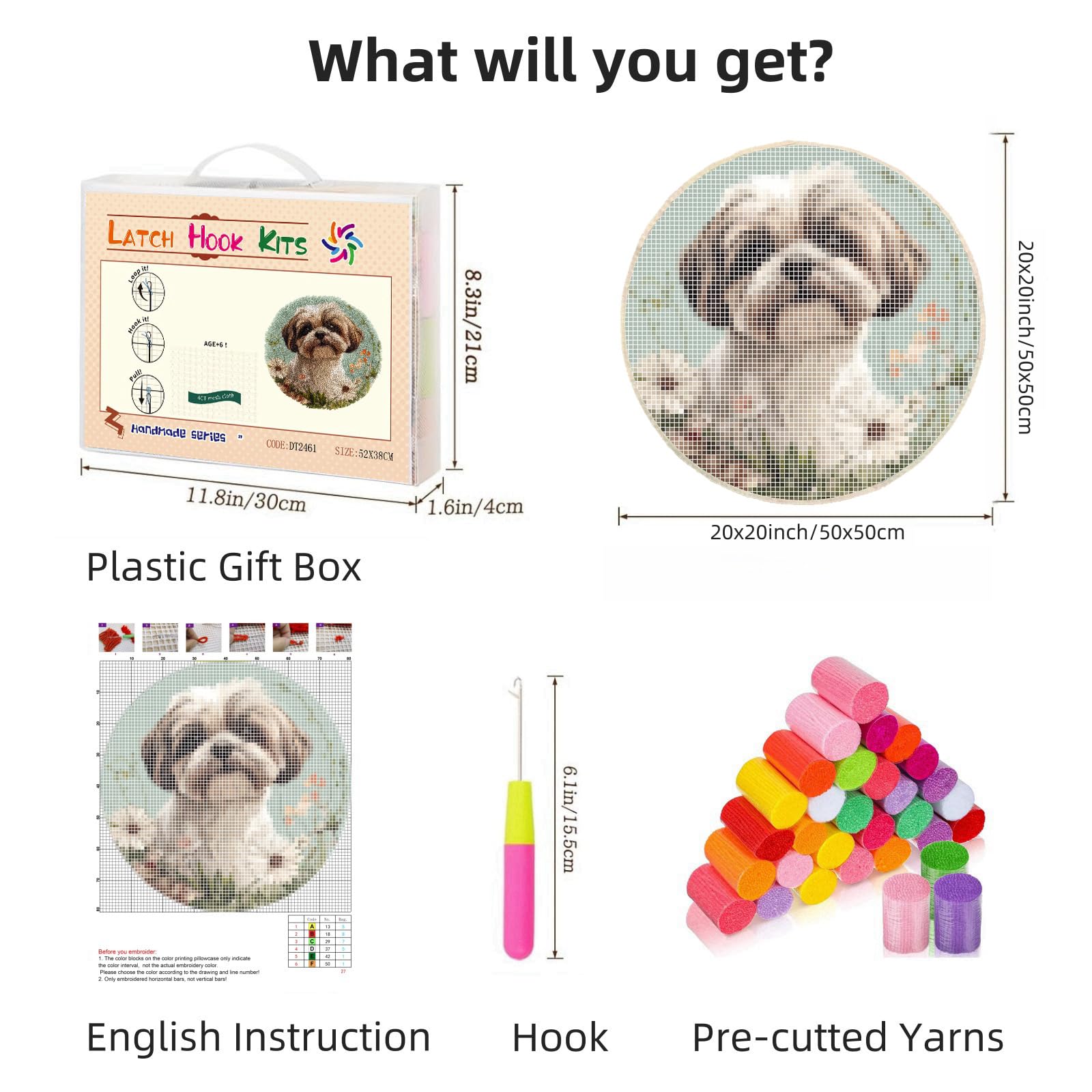 Latch Hook Rug Kit for Adults Shih Tzu Dog and FlowersStamped Handmade Round Shape Carpet Crochet Yarn Craft DIY Hook and Latch Door Mat Tapestry for Home Floor Decor 50x50cm(1)