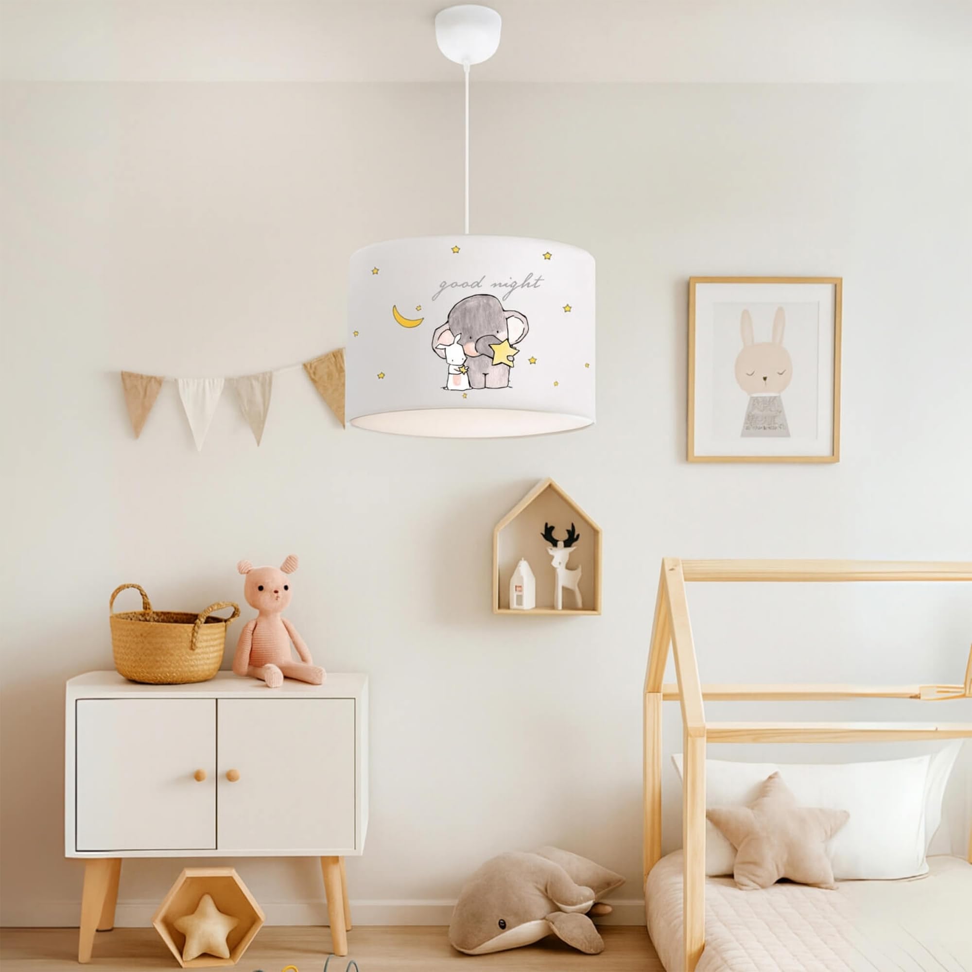 lux.pro Lámpara de Techo Infantil Rugby Lámpara Colgante para Niños con Motivo Elefante Elegante para Guarderías Dormitorio 1xE27 9W Plástico Tela 70 x Ø 28 cm - Blanco
