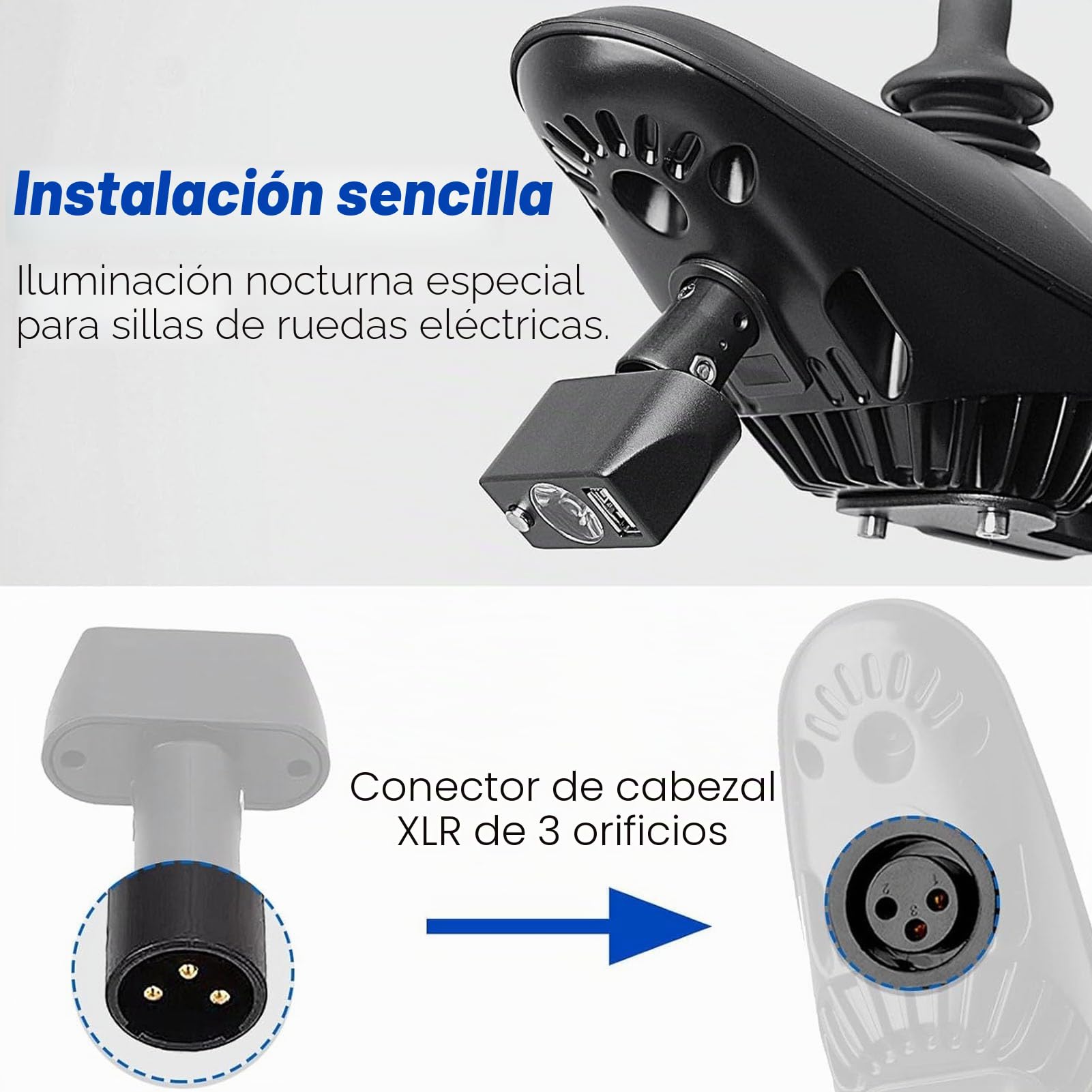 Luz LED para Silla Eléctrica, Iluminación Amplia Superbrillante, ángulo Ajustable con Puerto de Carga USB con Cabezal XLR de 3 Pines, para Sillas Eléctricas JIUYUAN LONGWAY