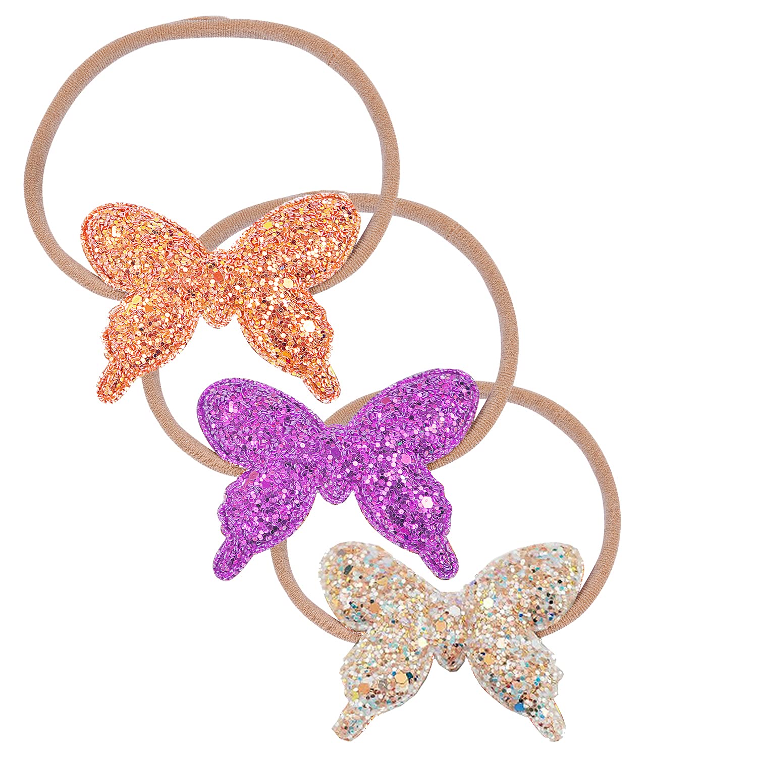 Aaishwarya Multicolour Glitter Butterfly Nylon 3 Pack Assorted Headwrap for Baby and Toddler.