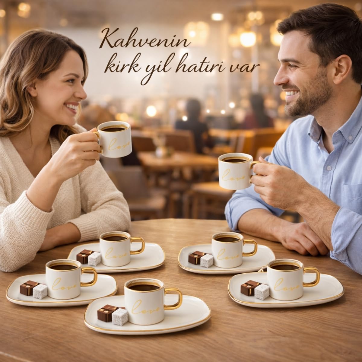 6’lı Beyaz Gold Detaylı Kahve Fincanı ve Sunum Tabaklı Set – Yazılı Tasarım, Porselen Türk Kahvesi Seti
