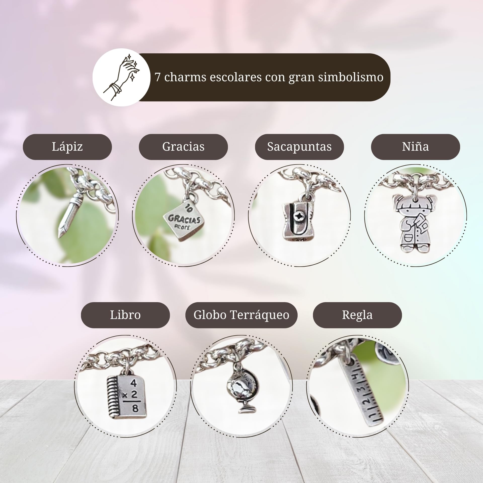 Pulsera profesora con 7 charms de colegio, Nanaleja, regalo maestra primaria, regalos originales para profesores, pulsera charms, regalos maestra infantil, cierre ajustable, hecha en España