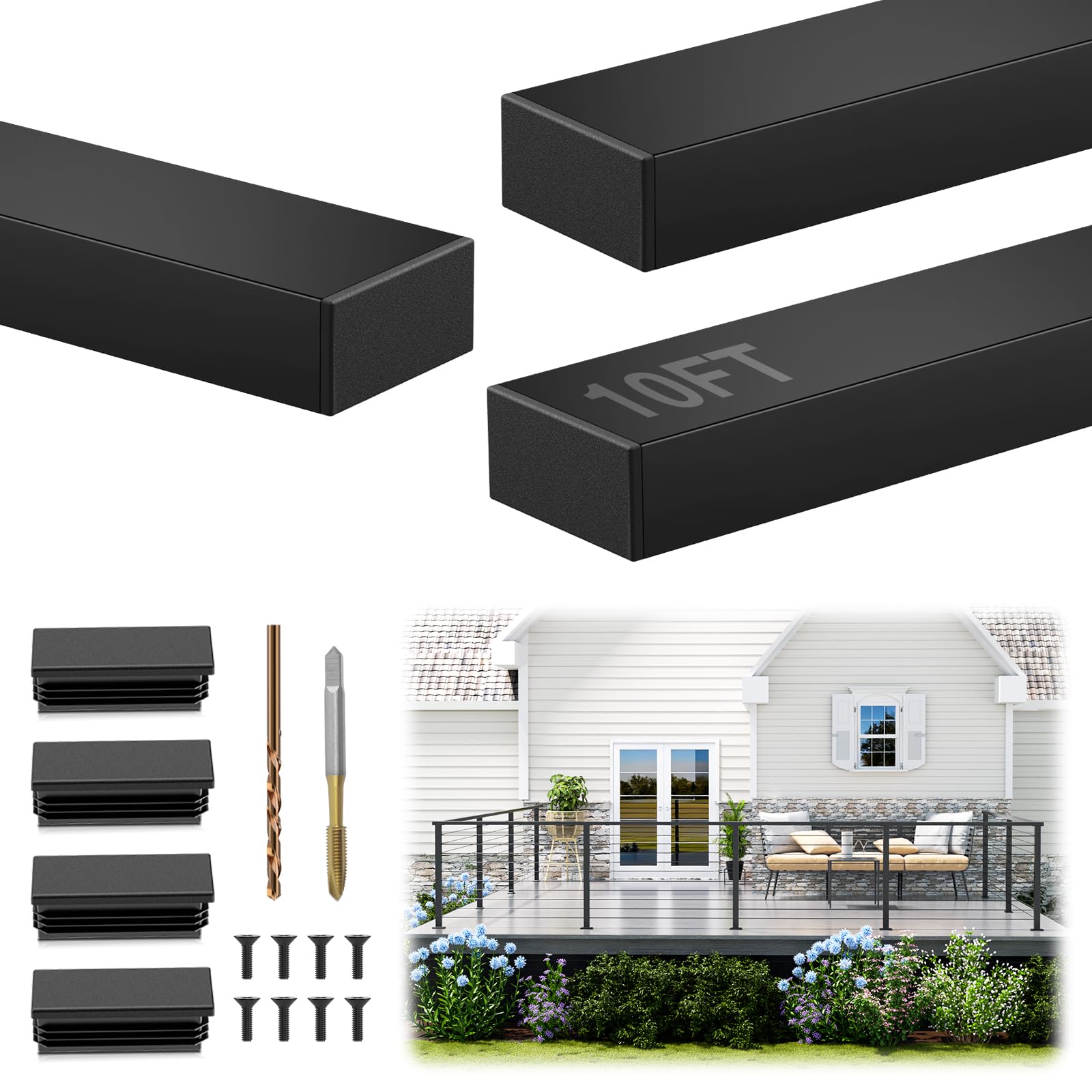 Photo 1 of Gyykzz 10FT Stainless Steel T304 Black Handrail for Cable Railing System, 3 Pack 3/64" Thick Rectangular Flat Top Rail, Upgraded Outdoor Coated Cable Deck Handrails for Indoor Outdoor DIY Balustrade