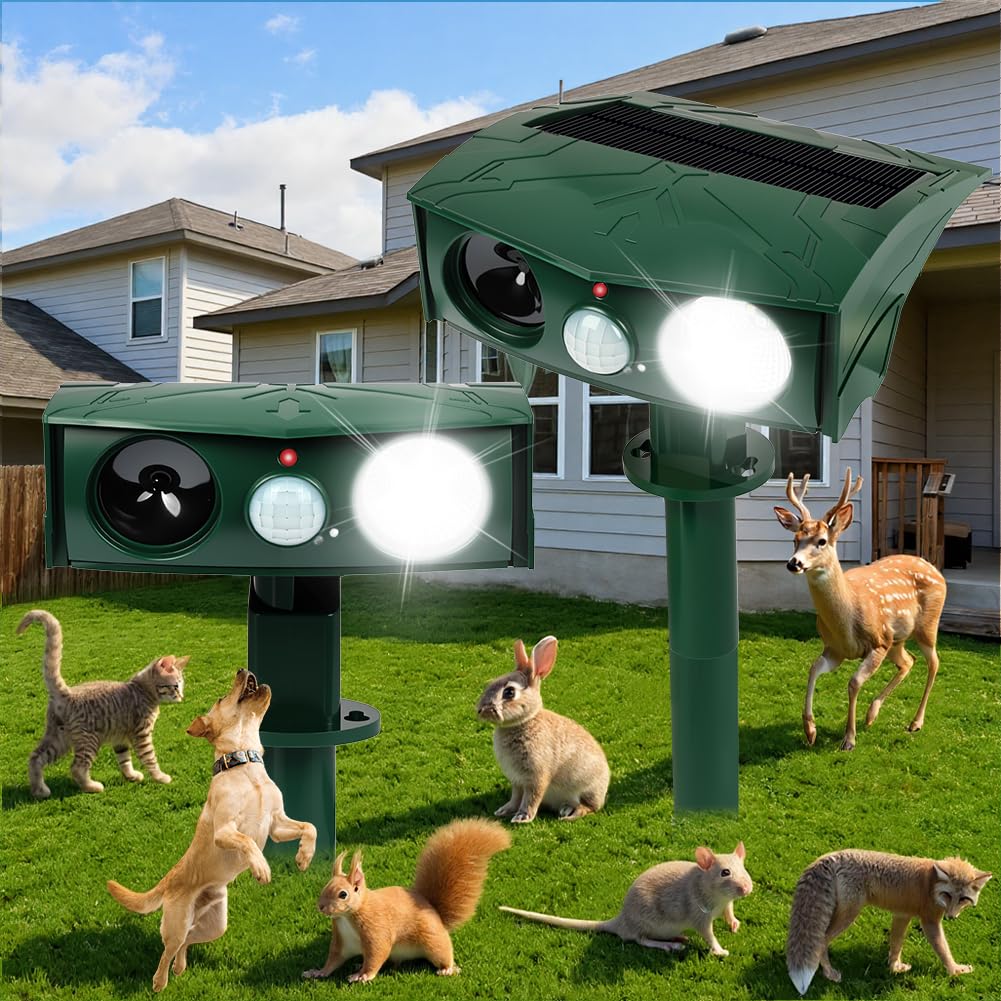 AXFEE Solar-Betriebener Katzenschreck, 2er-Pack Ultraschall Katzenschreck, Wasserdichtes Solar Tiervertreiber mit Bewegungsmelder und Blitz, für Garten Wirksam Vögel, kann Katzen und Kaninchen