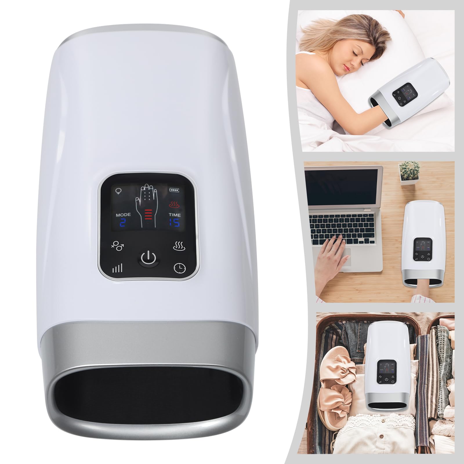 Handmassagegerät mit Luftdruck und Wärmefunktion, 2 Modi & 8 Intensitätsstufen, Timer, wiederaufladbarer Akku, LCD-Display & Typ-C, Gegen Handschmerzen, Gelenkschmerzen, Fingerkribbeln und Müde Hände