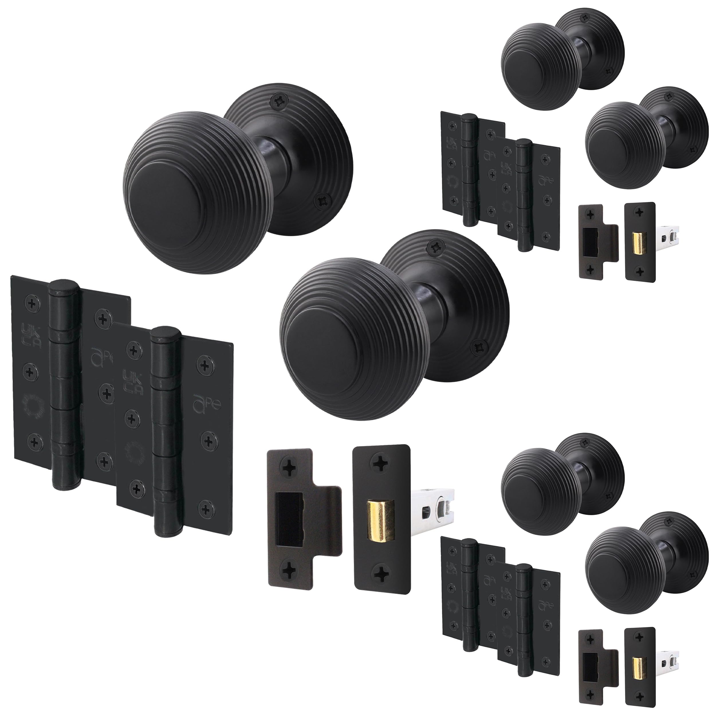 EAI Beehive Reeded Black Door Knob Set | 3 Pairs of Matt Black Mortice Knobs (55mm), Latch (76mm) & Hinges (76mm) for Internal Doors