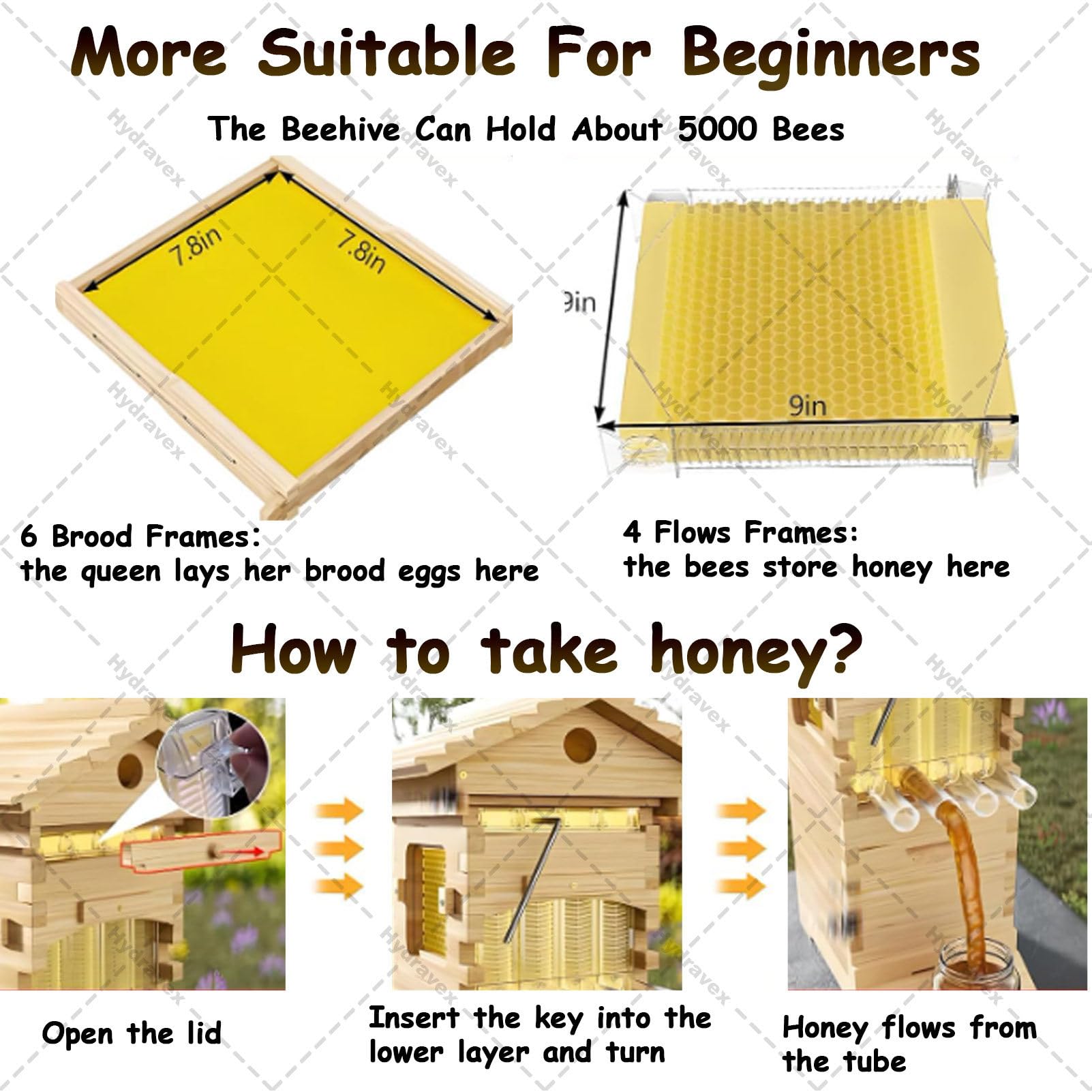 Bienenstock-Starterset, selbstfließender Honigstock mit 4 Rahmen, hölzerner Flow Hive Bienenstock, Komplettset für die Imkerei, klein, für die Imkerei, Gartenbestäuber
