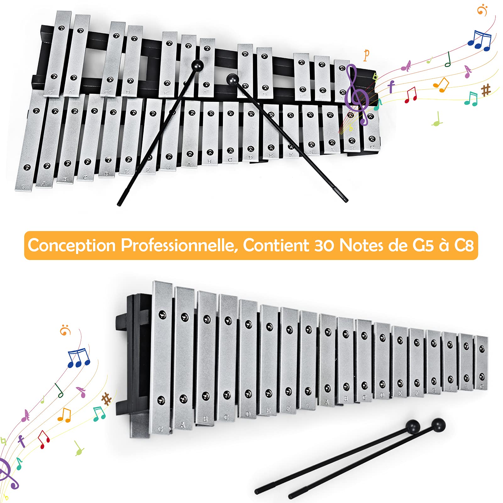 DREAMADE Glockenspiel, 30 Note Xylophone Pliant avec 2 Maillets, Xylophone en Aluminium Cadre en Bois avec Sac de Transport, Instrument de Percussion pour Enfant et Adulte