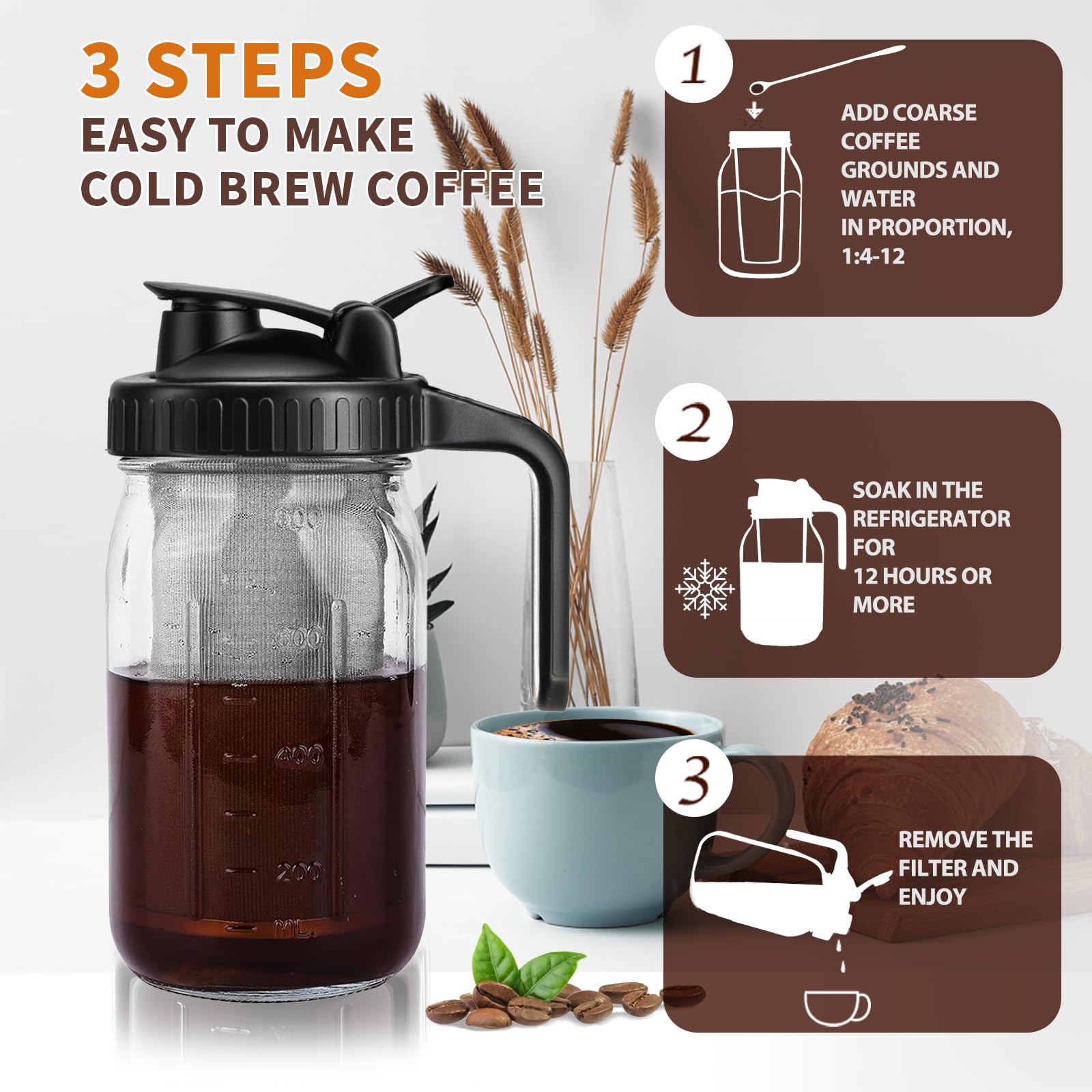 Cafetière à froid 800ML pichet en verre filtre acier inoxydable couvercle hermétique 32OZ