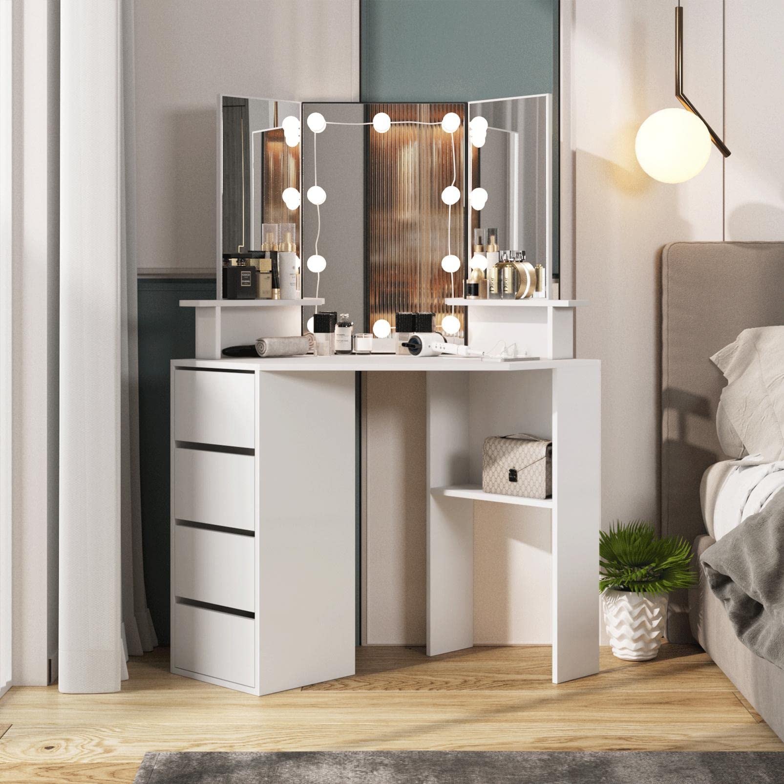 Vabches Corner Desk with Lighted Mirror & Power Strip,White Makeup Table, 42 inch Vanity Lights and 4 Drawer, 3 Lighting Modes, Brightness Adjustable 42× 19 × 56 inch (White-with Power Strip)