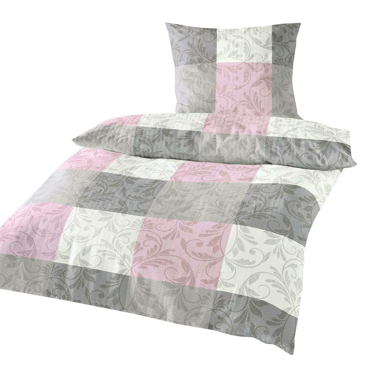 Traumschlaf Seersucker Bettwäsche Fleur aus Baumwolle - luftige Sommerbettwäsche mit floralem Karomuster in Rosé - 155x220 cm + 80x80 cm