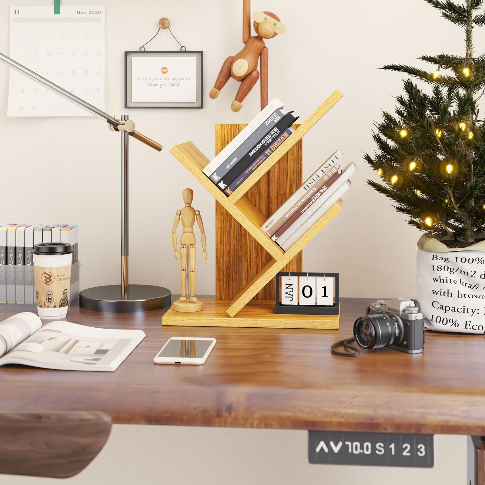 YMYNY 2 Tier Tree Bookshelf, Small Bookcase, Modern Wood Book Storage Rack Organizer - Image 4