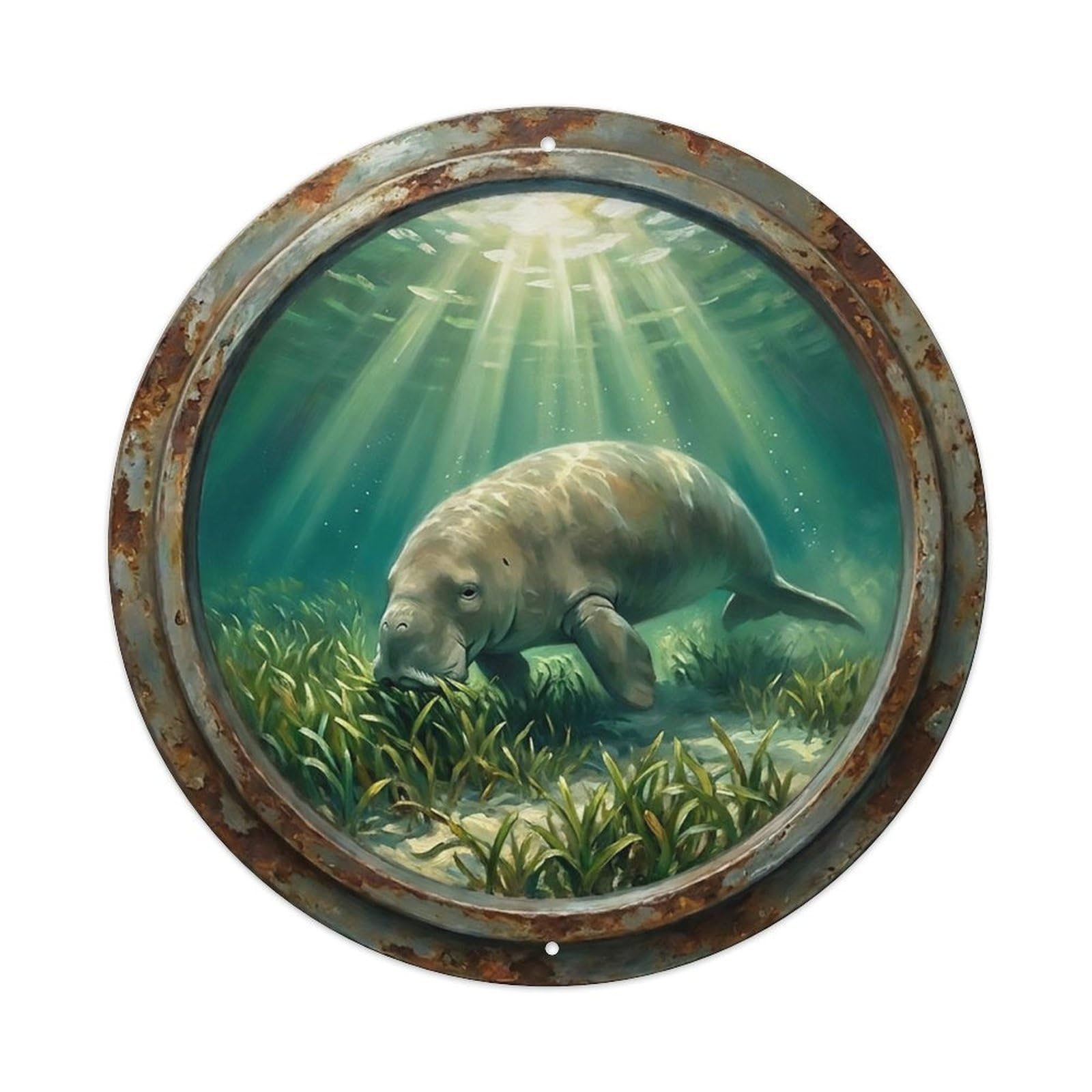 Vintage Porthole Dugong Grazing Ship Window Undersea Deep Sea 1 Metal Tin Sign