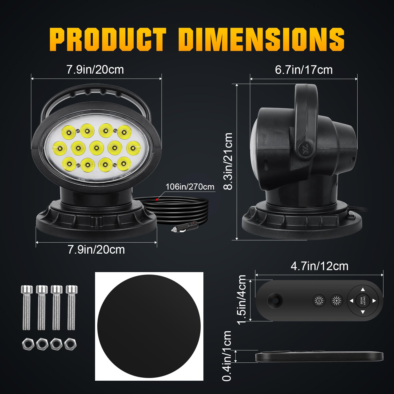 RIGIDON Strobo Faro da ricerca led, 38W 3800LM luce da ricerca con base magnetica, 12V 24V Spot luci di lavoro fari di profondità per auto fuoristrada camion SUV 4x4 barca