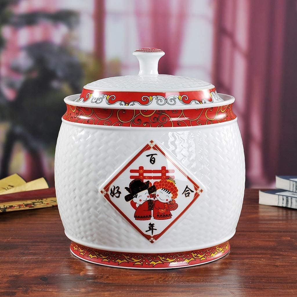 Food Storage Containe Rice Storage Containe Chinese Newlywed Rice Tank Kitchen Seal Dry Food Containers Large Capacity Ceramic Rice Bucket with Lid Have Good Wishes (Size : 12.5KG) (17.5KG)