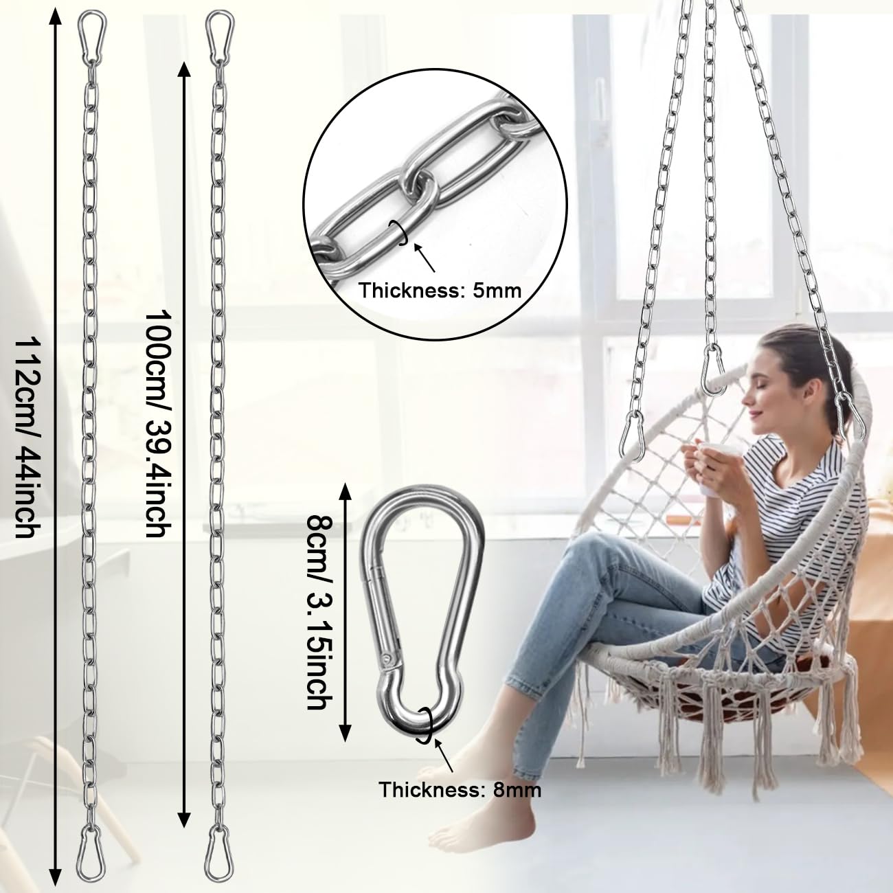 Hängeschaukelkette mit 4 Karabinern, 111,8 cm, 299,4 kg Kapazität, robustes Hängematten-Hardware-Kit für Boxsäcke, Schaukelstühle, Indoor- und Outdoor-Fitness-Studio (Silber, 111,8 cm, 2 Stück)