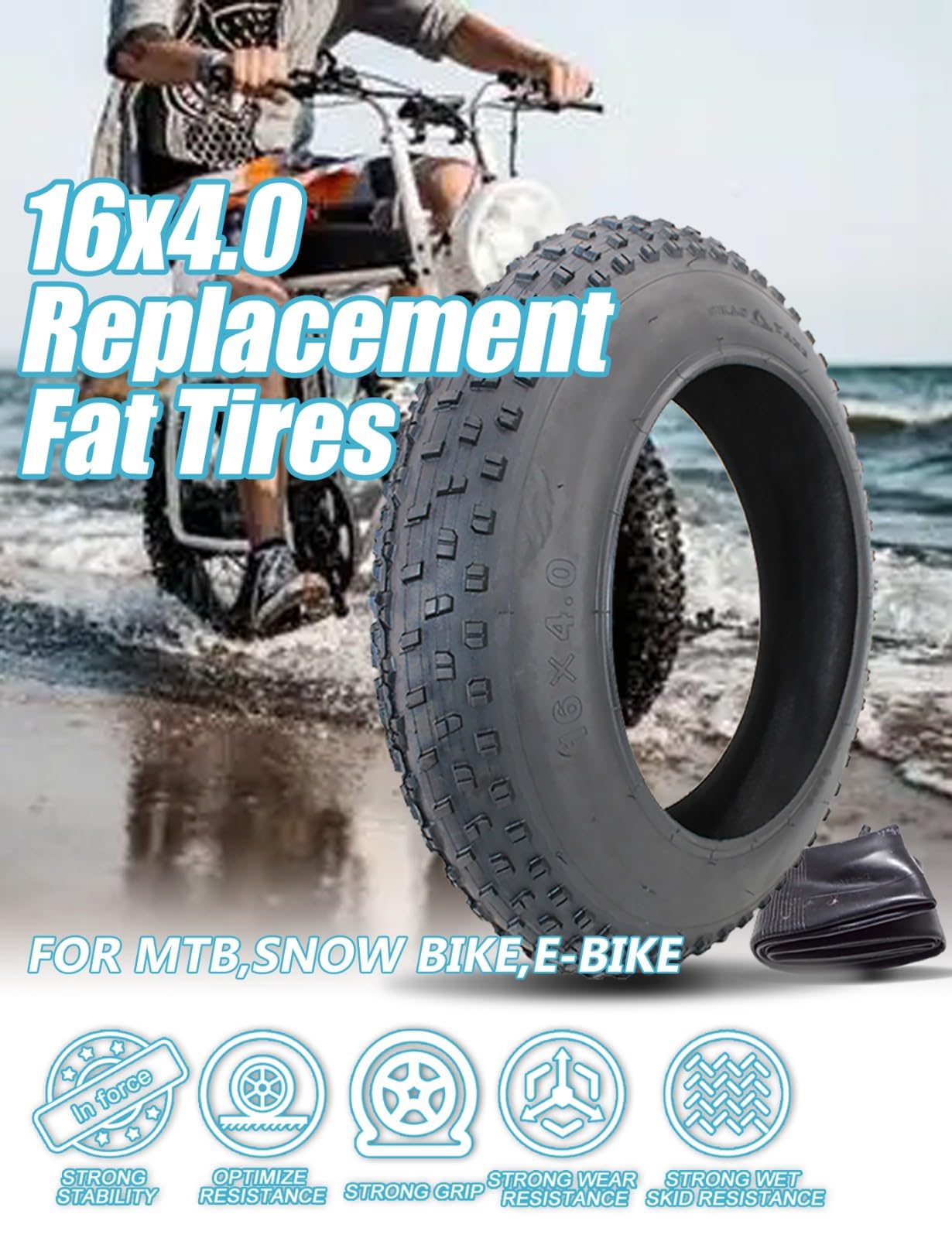 Pneumatici da bicicletta 16 pollici Fat Tire 16 x 4,0 pollici per e-bike, mountain bike, Heavy Duty ad alte prestazioni, resistente all'usura Con camera d'aria da 16 pollici