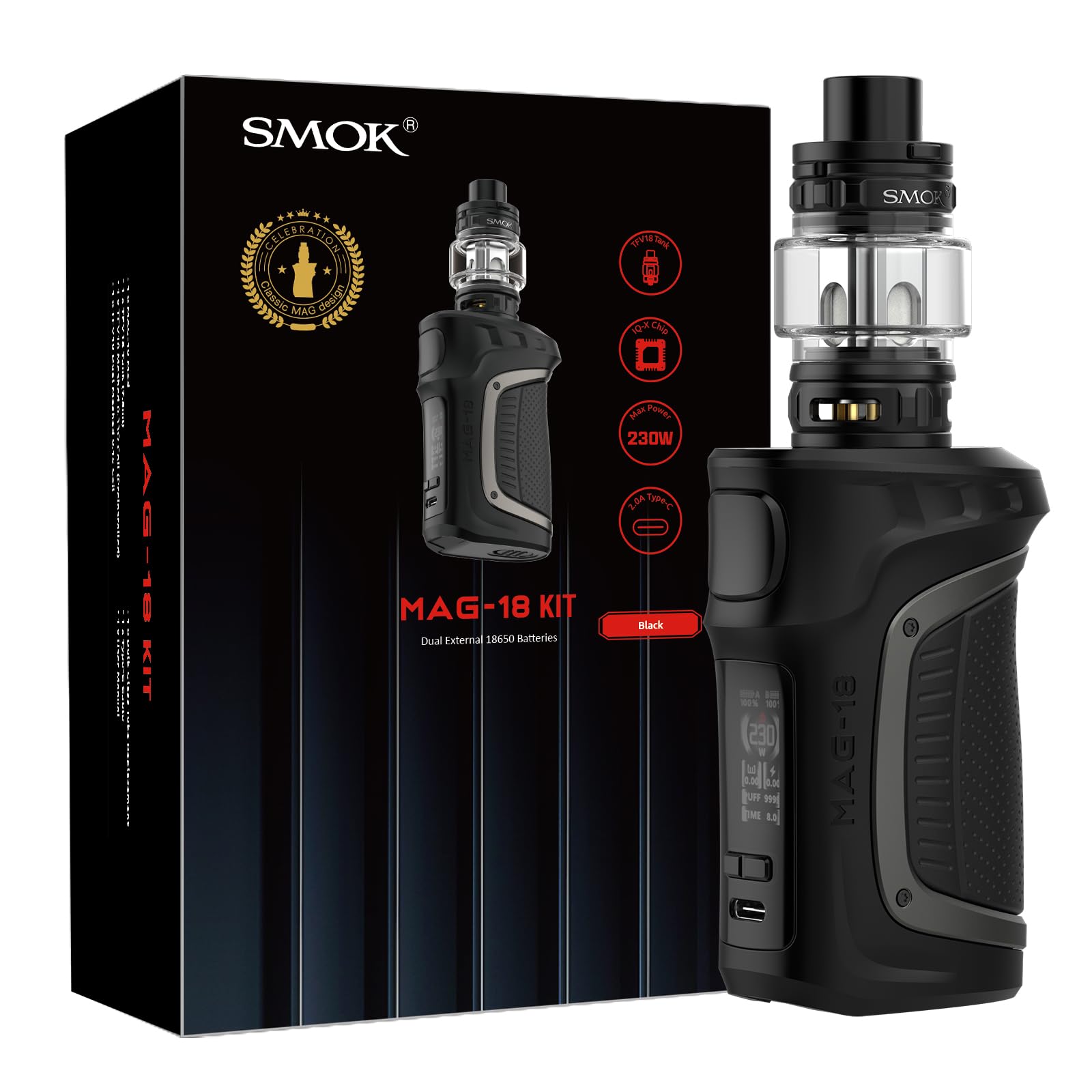 SMOK MAG-18 Mod Kit 230W TFV18 Tank 7,5 ml 2x18650 ohne Akkus TFT Schwarz