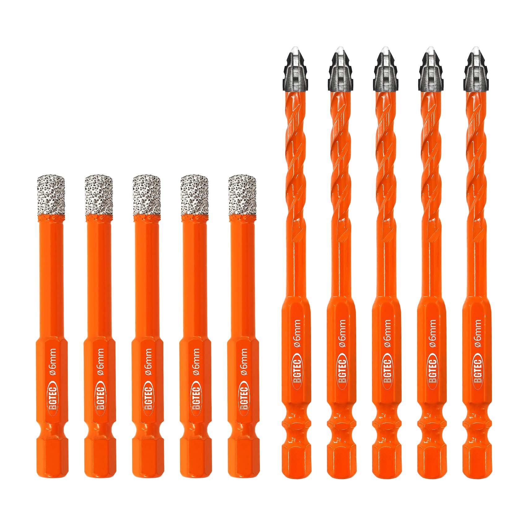 BGTEC Serrated Carbide Masonry Drill Bit Set 10PCS - 6MM*5 Wood Bits & 6MM*5 Diamond bits for Wood Plastic Masonry Brick Tile Glass Concrete Marble — image 1
