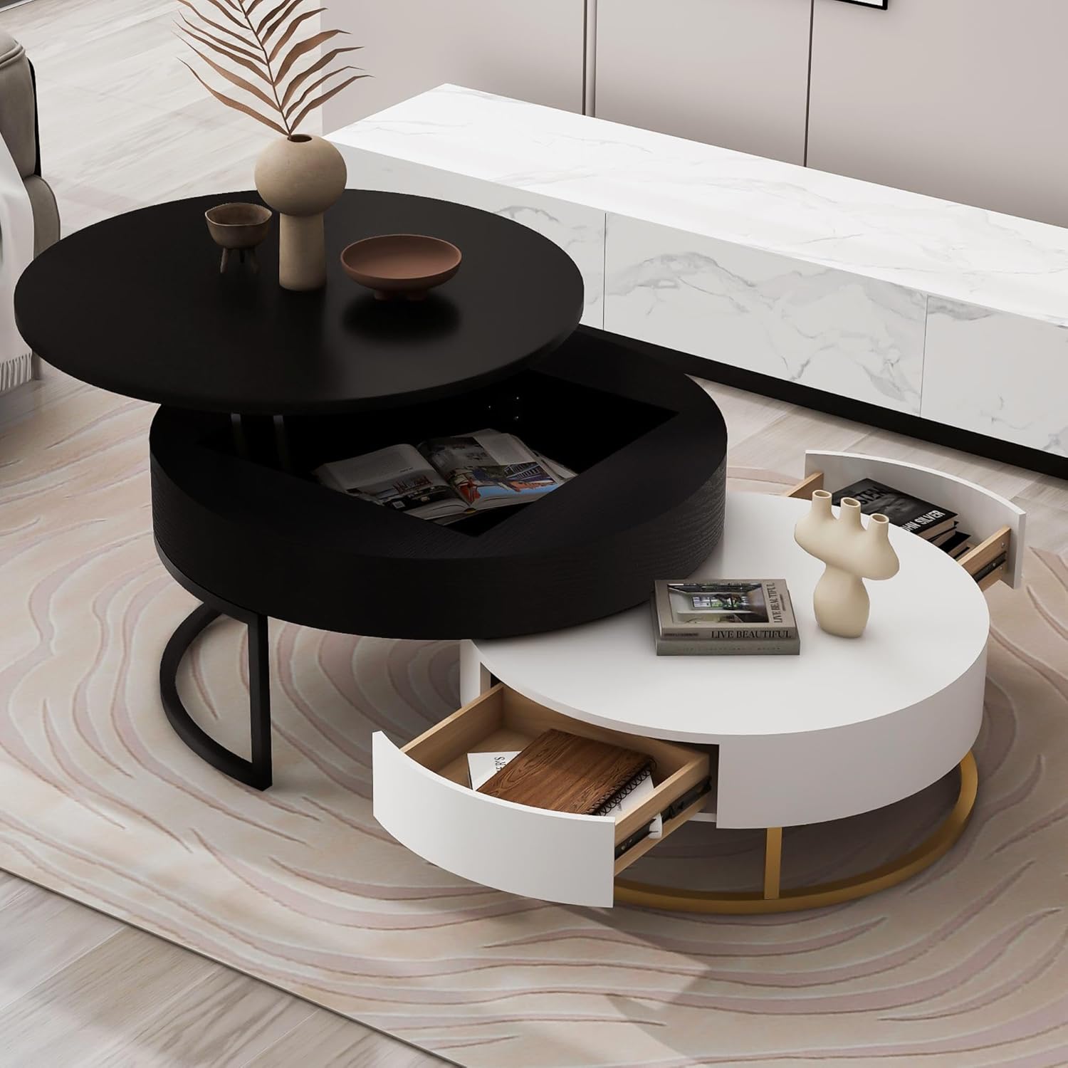 GDFStudio Zarsa Modern Round Nesting Coffee Tables with 2 Drawers, Sleek Lift-Top Coffee Table Set, Space-Saving Living Room Storage Accent Table, 31.50''W, White+Black