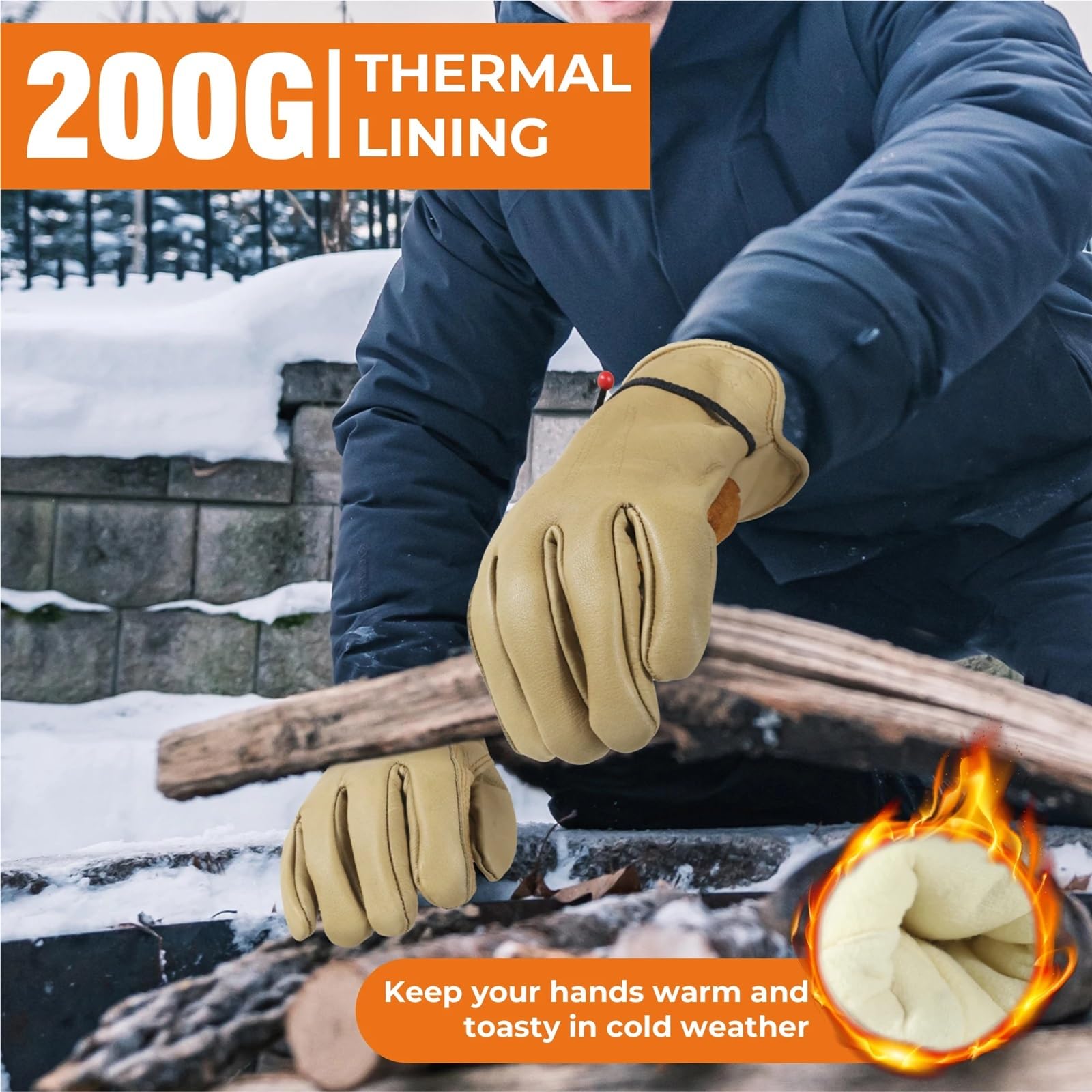 Guantes de invierno Tiras ajustables cuero Conductor trabajo con forro cálido al aire libre para Obra Montaje Mecánicos(XXL)