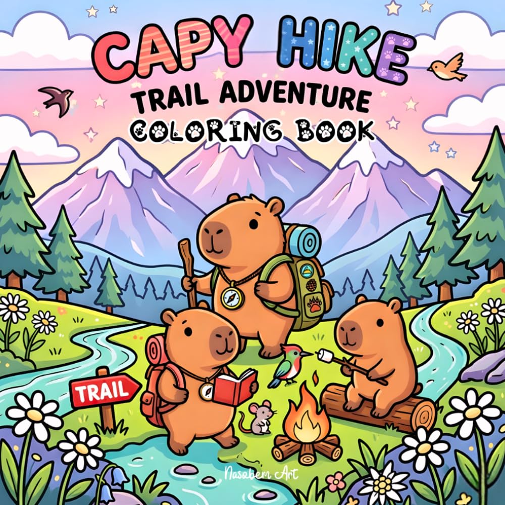 CAPY HIKE – Trail Adventure Coloring Book with Capybaras: Cute Kawaii Capybara Coloring Book for Teens, Adults and Kids with Hiking, Camping, Nature and Bold and Easy Outdoor Scenes