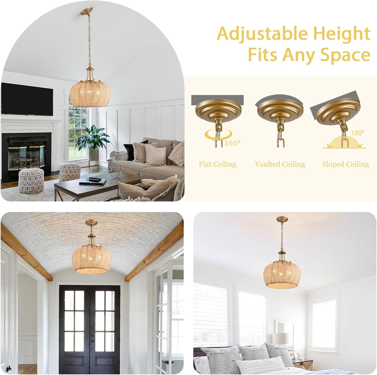 16" Modern Farmhouse Chandelier Simple Fabric Cloth Art Bedroom Pendant Light Indoor Home Dining Room Chandelier Hanging Light Fixture for Living Room Office Golden Metal Frame