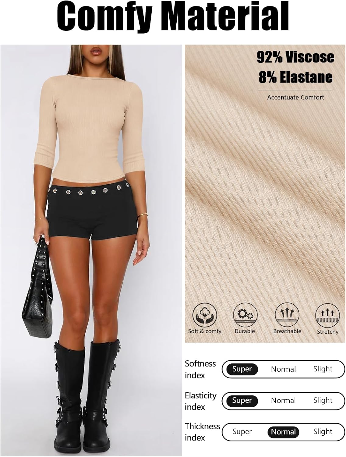 Womens 3/4 Sleeve Boat Neck Tops for Women Ribbed Knit Slim Fit Plain T Shirts Cropped Basics Essentials Clothing - Image 5