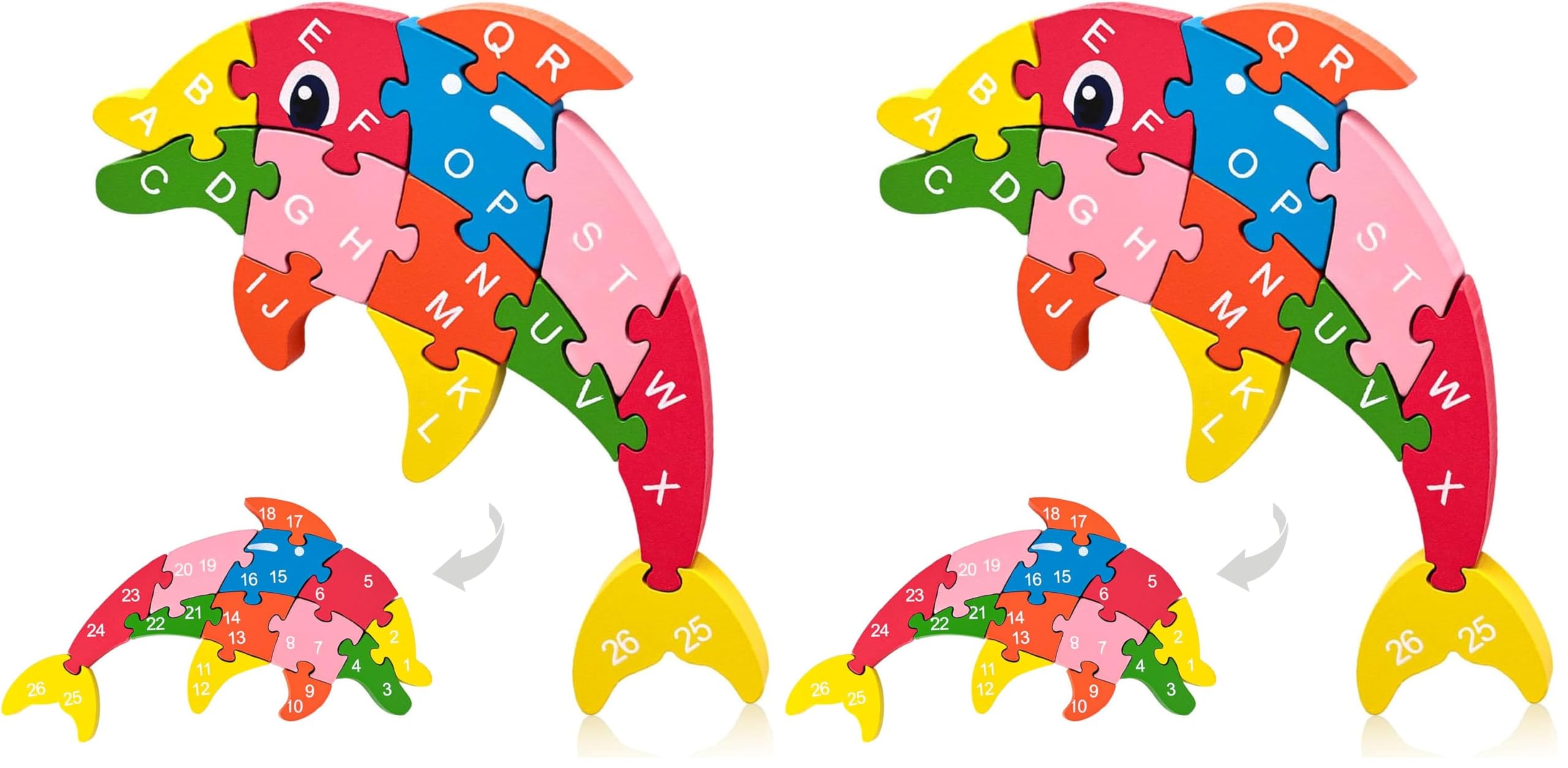 LovesTown Wooden Puzzles for Kids, Double Sided Dolphin Jigsaw with Alphabet &amp; Numbers, Montessori Educational Toy for Toddlers, Chunky Animal Gift (Pack of 2)
