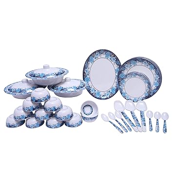 Round Shape Melamine Dinner Set 40 Pieces for Kitchen White and Blue with Flowers Golden Leaf