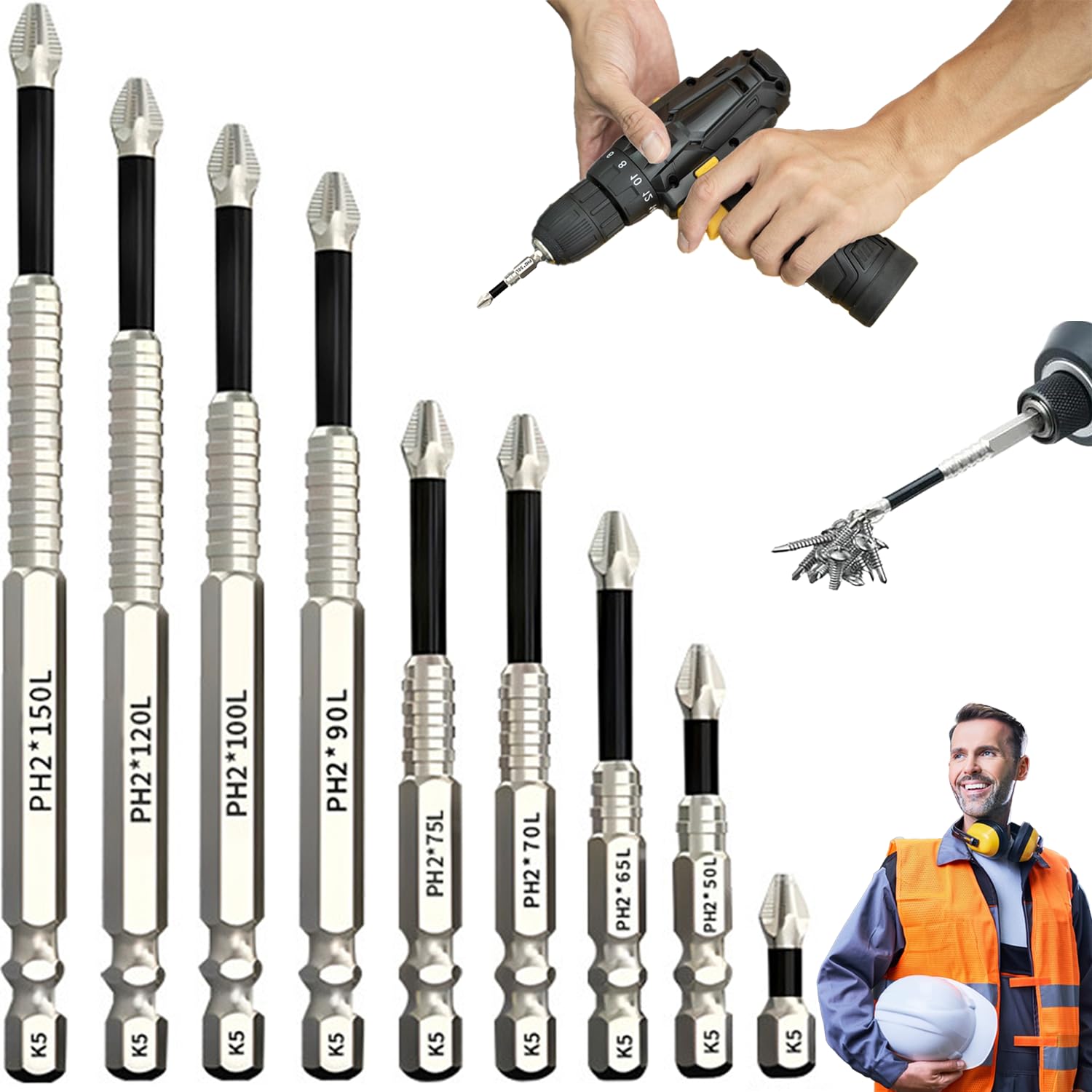 9 PCS High Magnetic Drill Bit Set 25-150mm Universal Anti Slip Bits Strong Durability Anti Slip Impact Kit Electric Screwdriver Set for Various Sizes