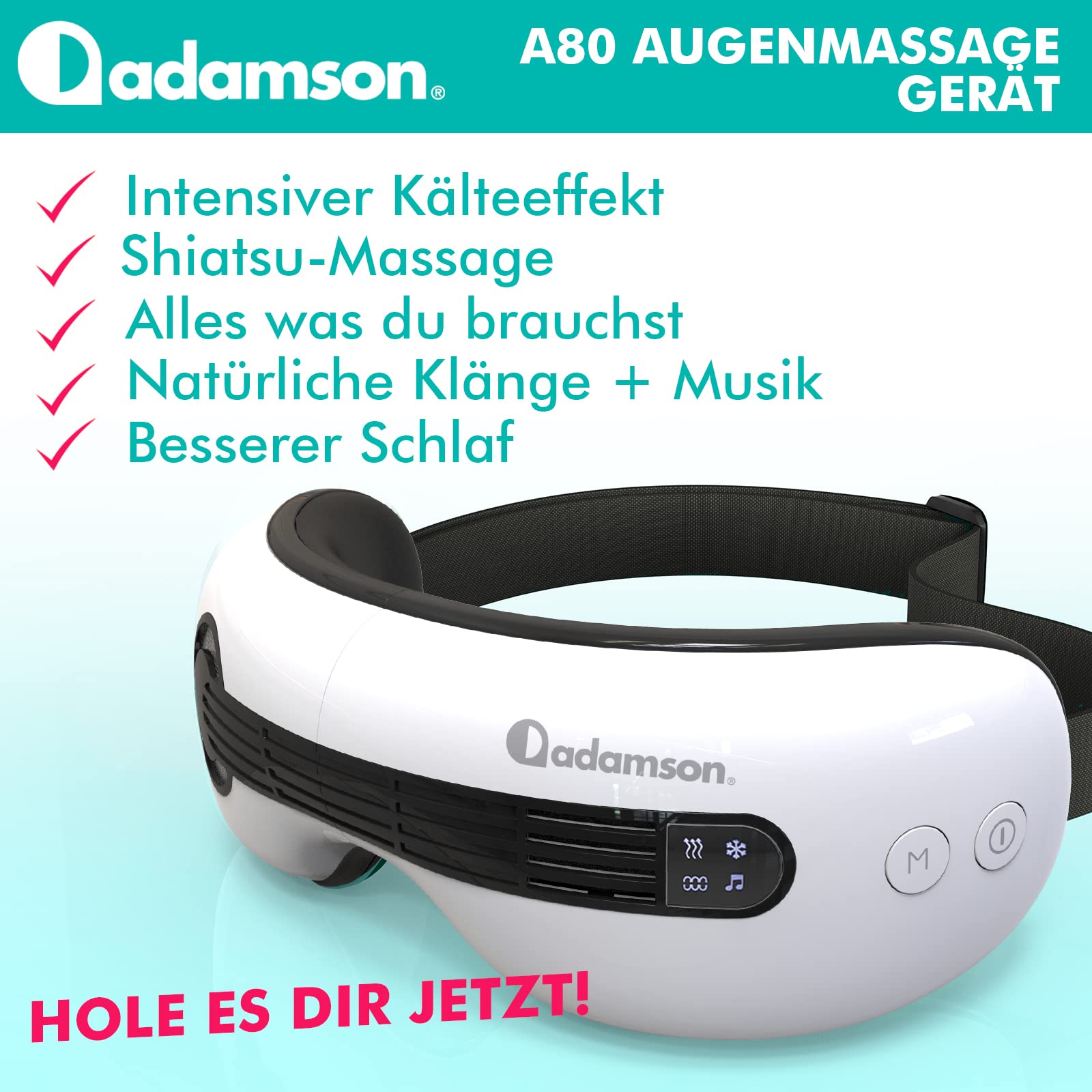A80 Augen Massagegerät mit 4 Modi, Bluetooth Musik gegen Migräne | Wärme- und Kühlfunktion mit Shiatsu Akupressur sowie verstellbarem Riemen, Weiß