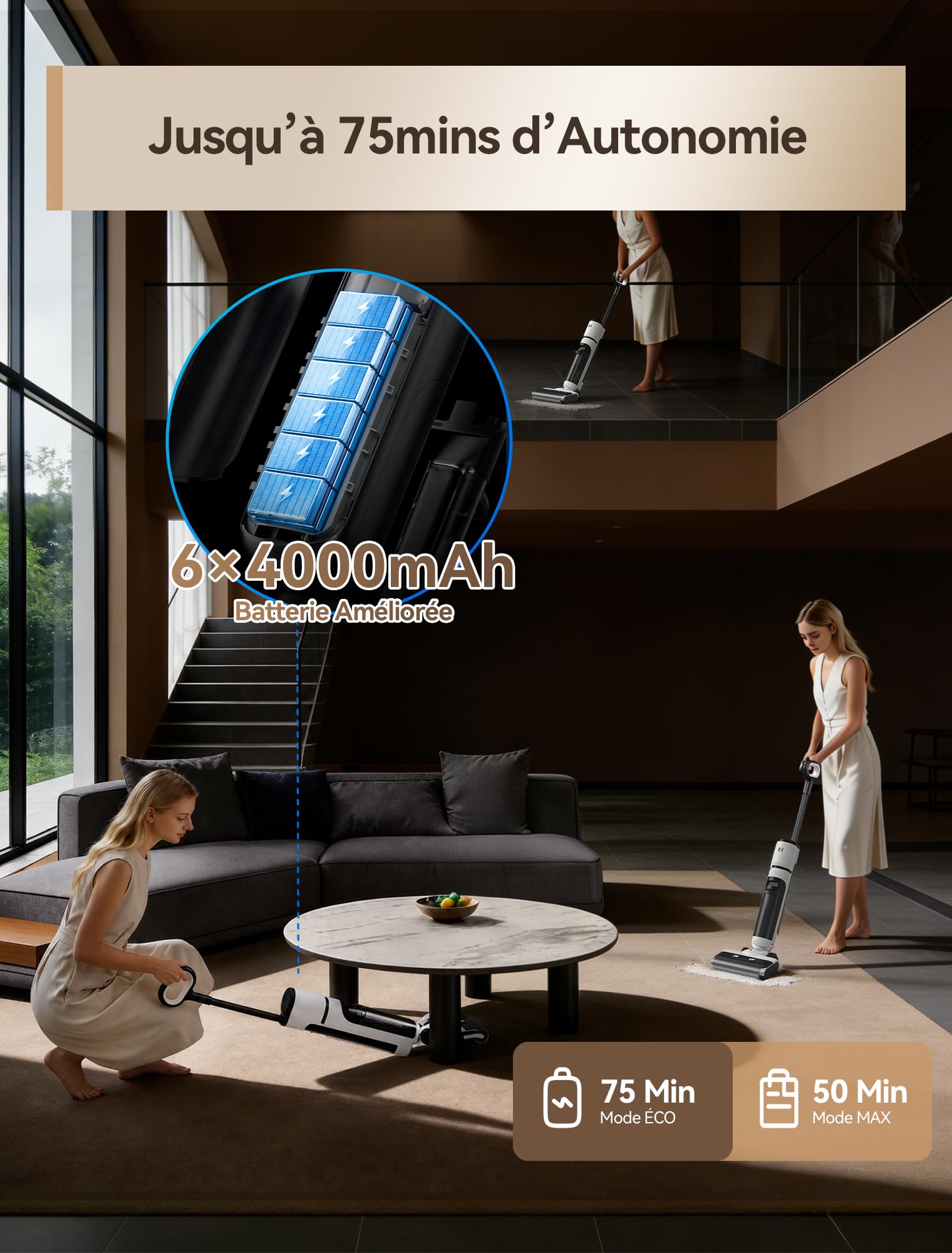 H13 Aspirateur Laveur Balai Sans Fil, 23 000 Pa d’Aspiration, 75 min d’Autonomie, Sans Fil 2-en-1, AI SmoothDrive avec Entraînement Assisté, Brosse Anti-Enchevêtrement Auto-Nettoyage, Double Réservoir