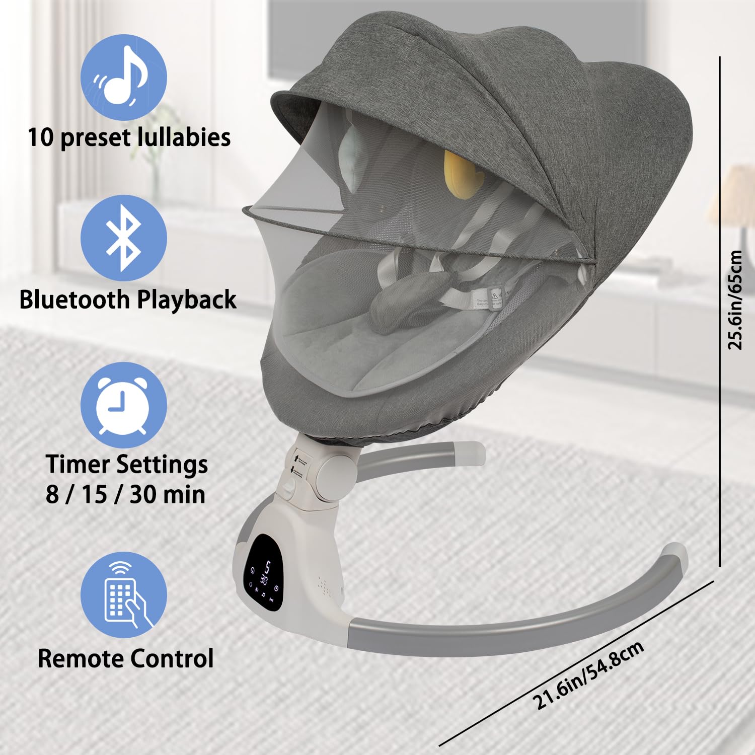 Electric Baby Swing for Infants, with Bluetooth Remote Control Timing Function and 10 Music 5 Swing Speeds 3 Seat Positions Baby Bouncer for Boy Girl Indoor & Outdoor Use (Gray)