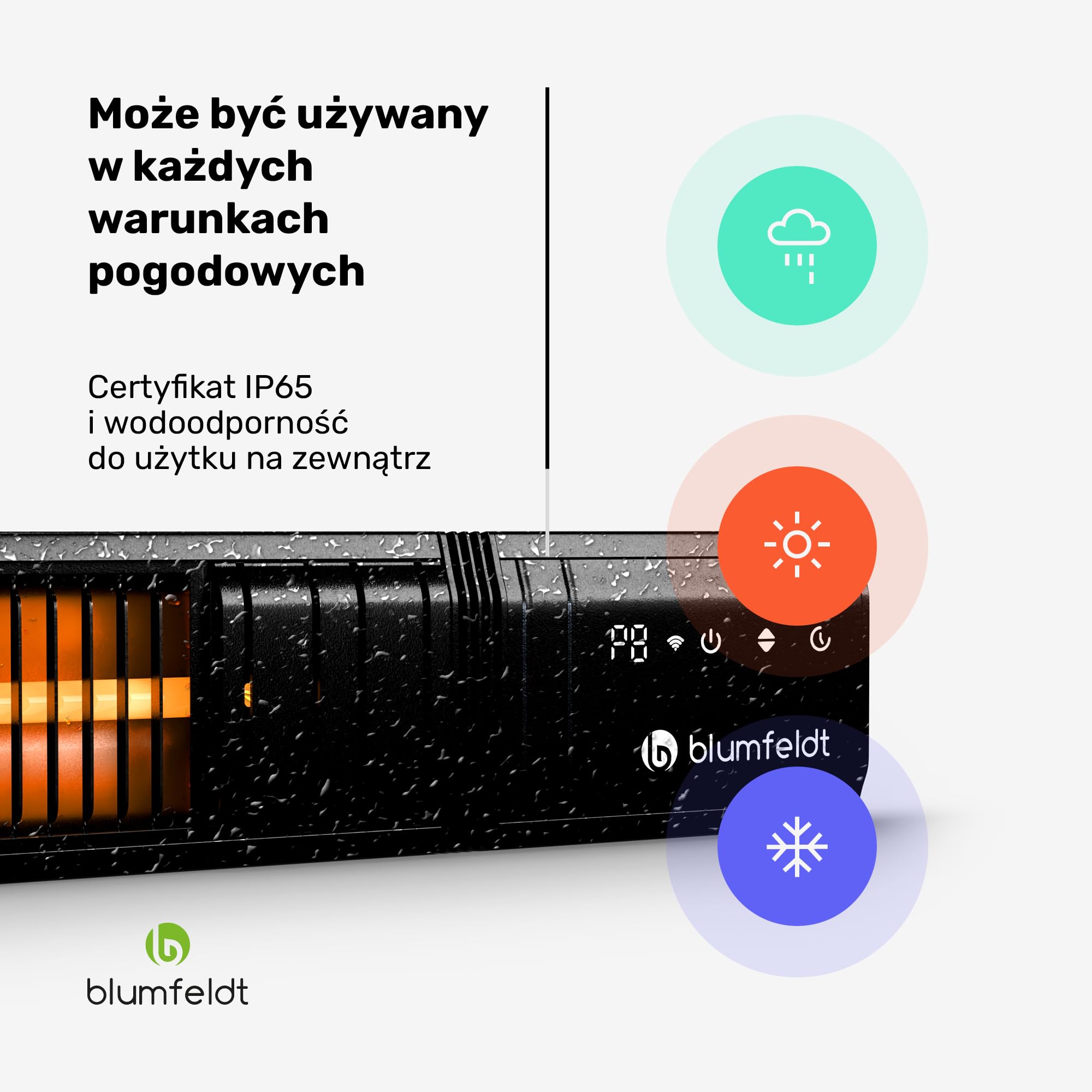 Blumfeldt Ogrzewanie na podczerwień 2000 W – Montaż ścienny i sufitowy, IP65 wodoodporne, 24 stopnie grzania, Sterowanie WiFi, Złote rurki, Blokada rodzicielska, na balkon, taras i ogród