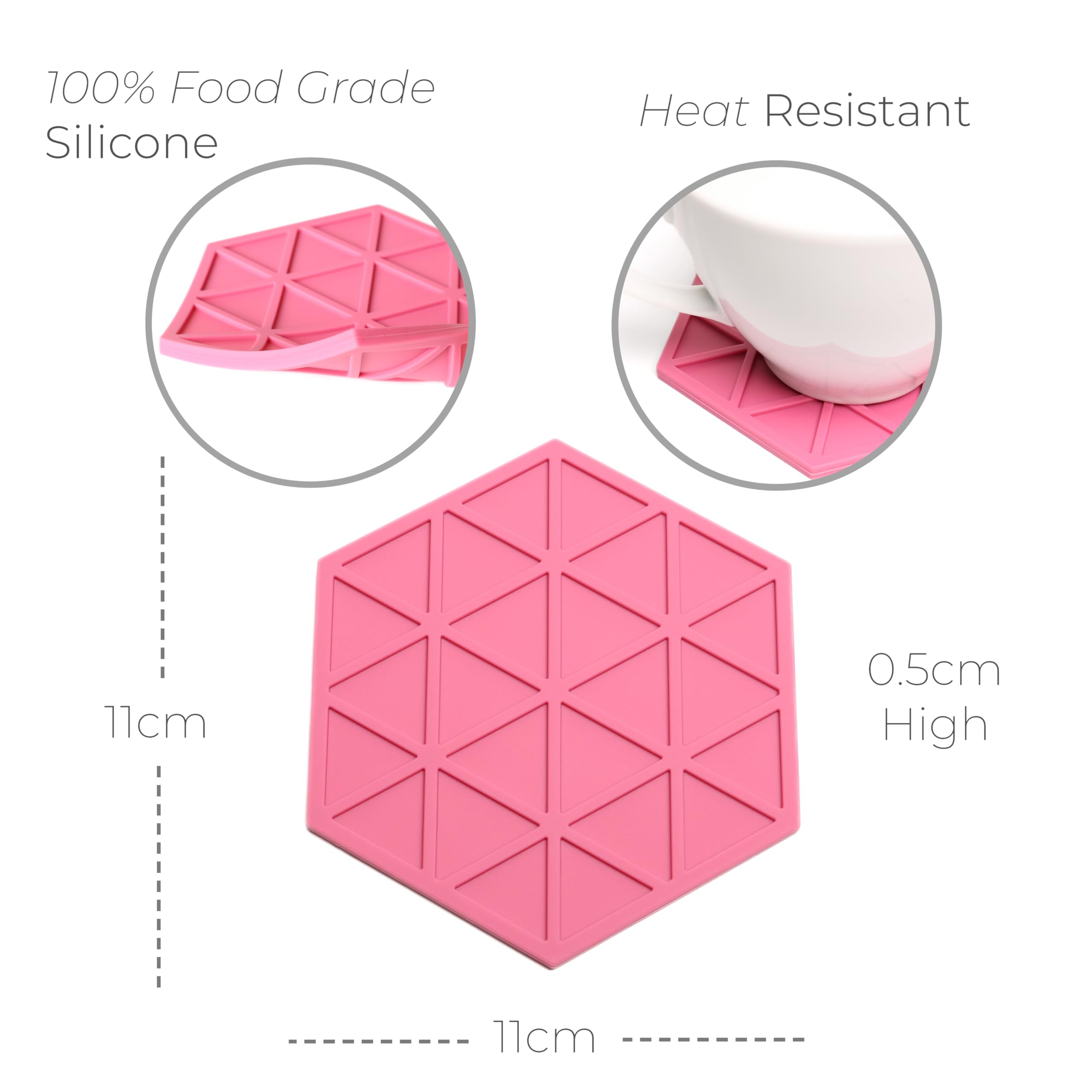 Pink Silicone Drinks Coasters set of 6 by Stone & Thyme, a UK Brand. Scandinavian Style Hexagon Coasters, Non Slip, Heatproof - Image 3