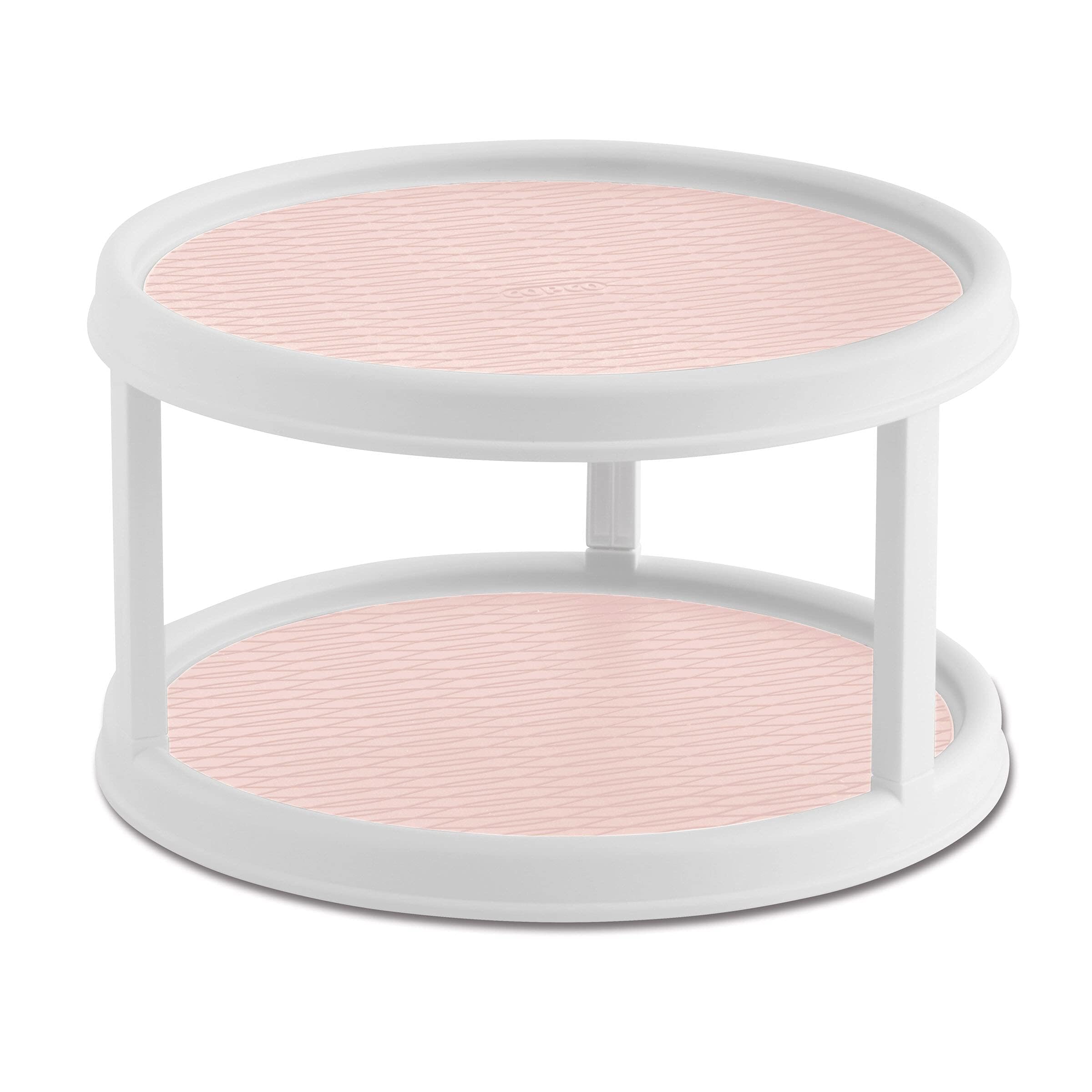 Copco Non-Skid 2 Tier Pantry Cabinet Lazy Susan Turntable, 12-Inch - Organize Kitchen, Bathroom, Home Office, Laundry Room, Garage, Craft Room - Kitchen Turntable & Pantry Organizer (White/Pink)