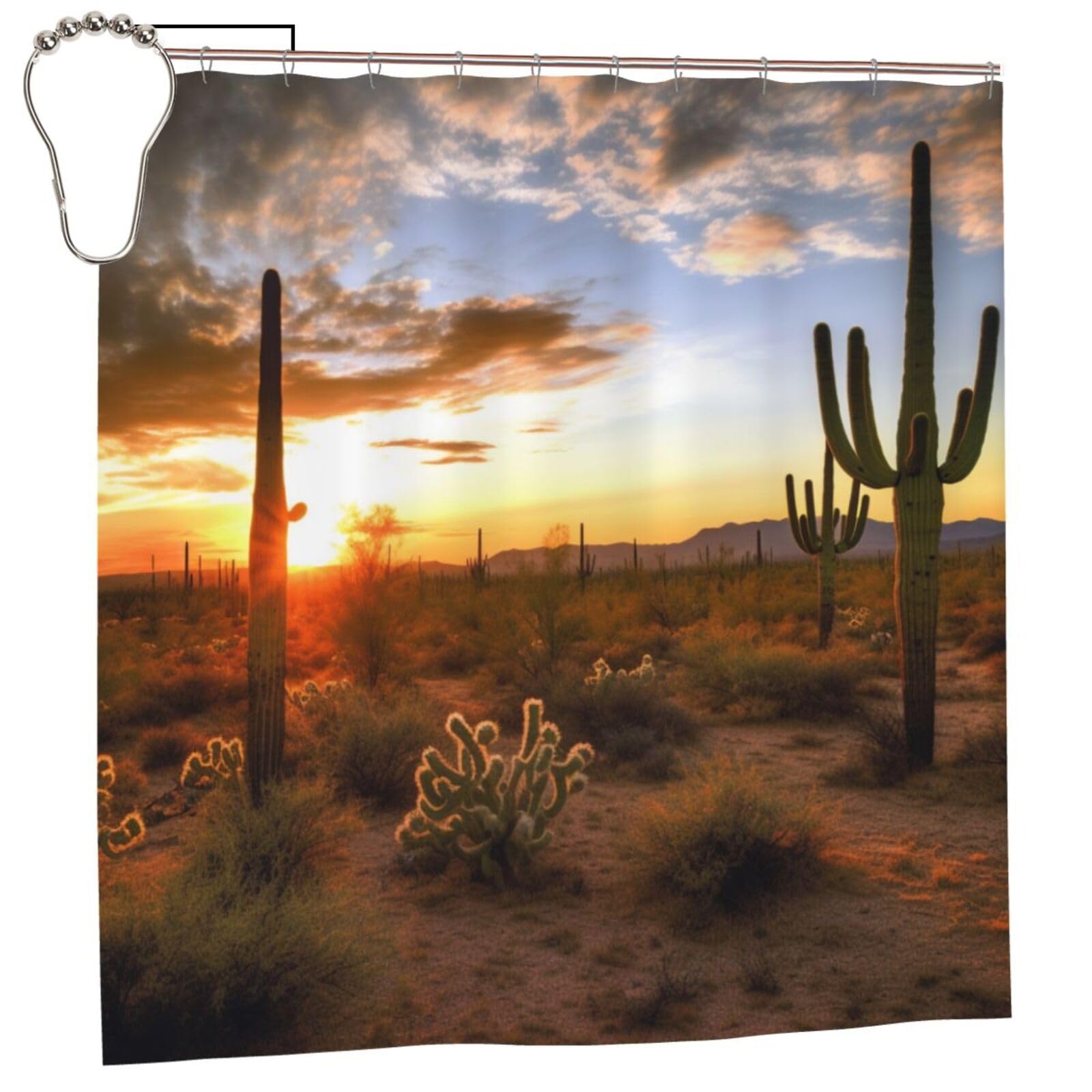 BWWHCCTI Saguaros at Sunset Printed Shower Curtain With 12 Iron Hooks Opaque Quick Drying Waterproof Shower Curtains Sets For Bathroom 183x183 CM