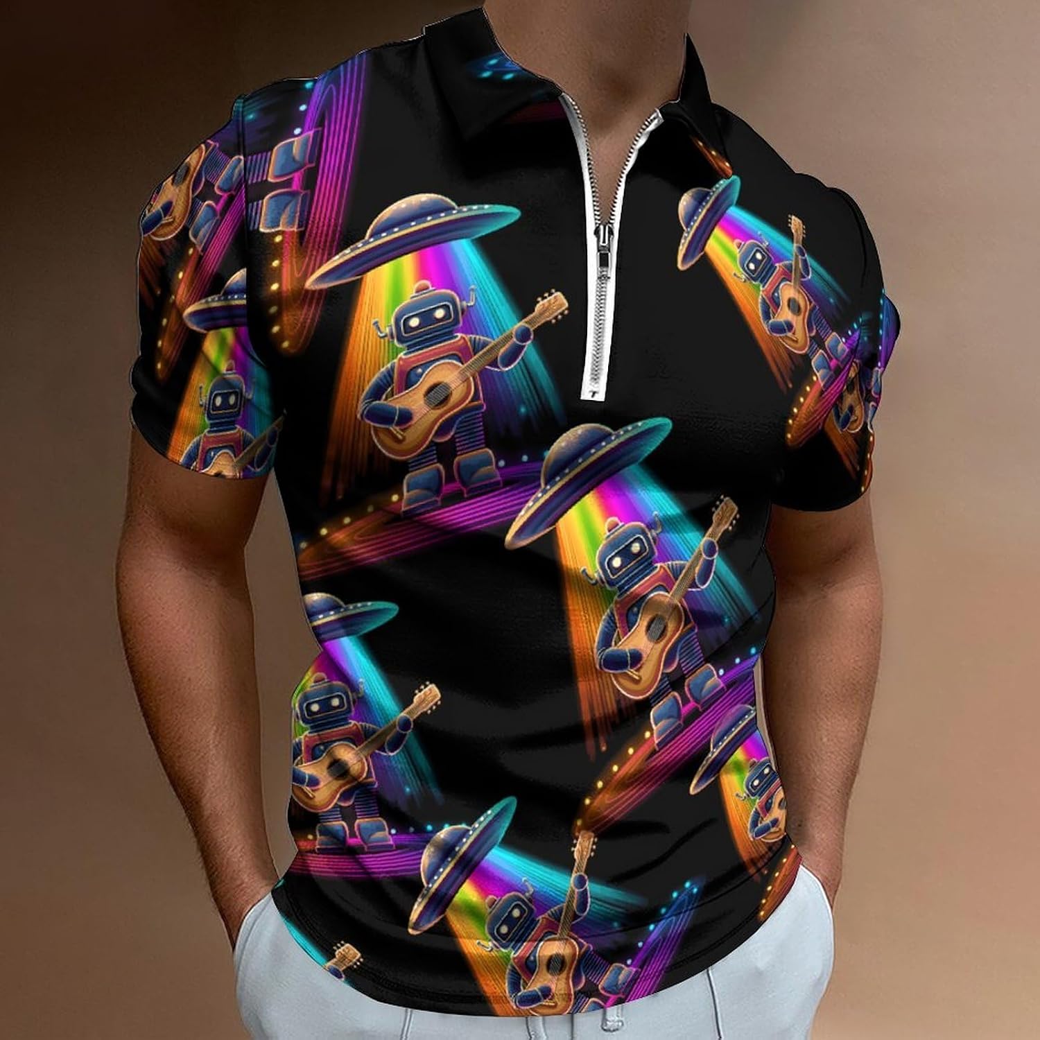 Robot Playing Guitar Men's Polo Shirts Golf Short Sleeve Tops | Casual Workout,Golf T-Shirt,Zippered Tee,Collared,Print