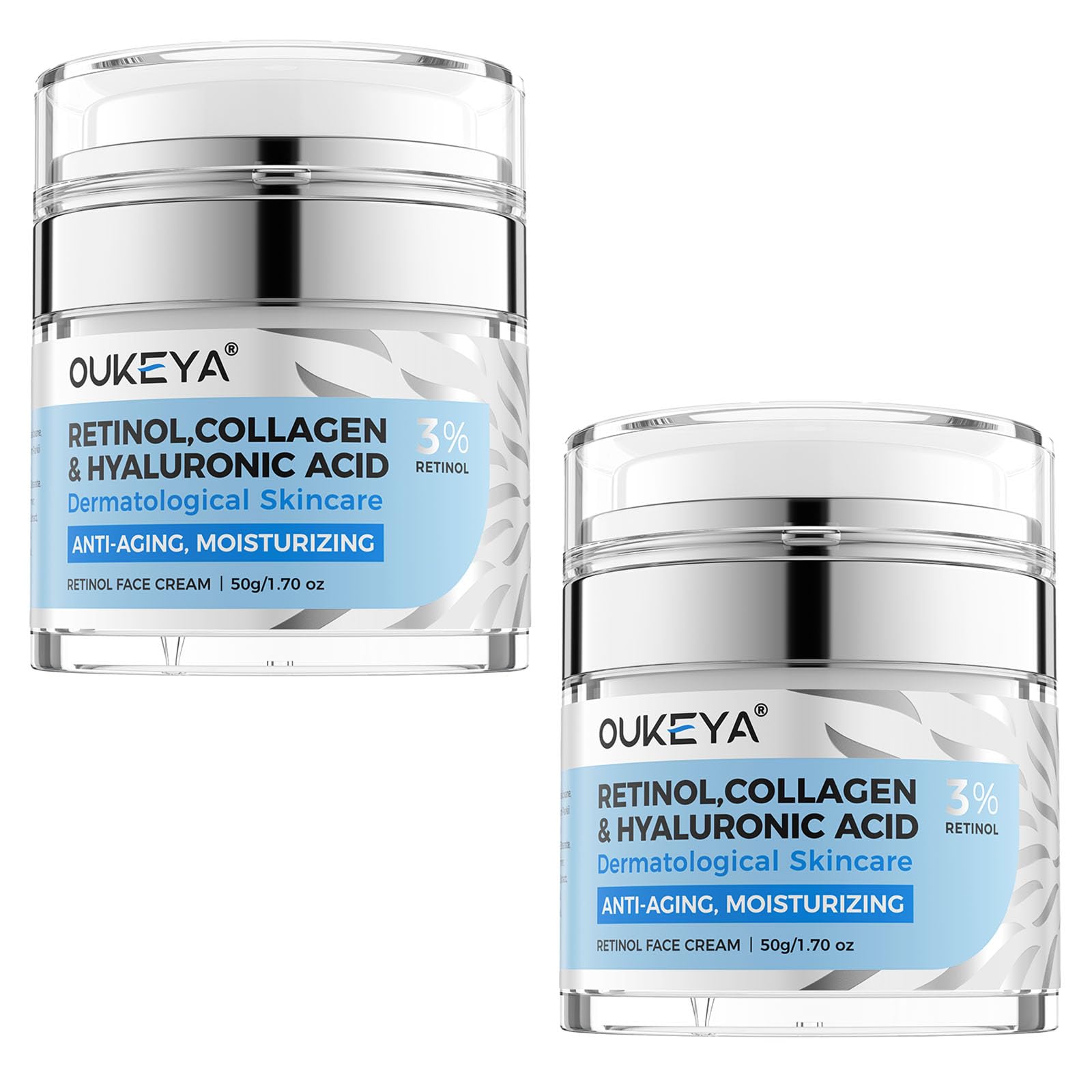 OUKEYA Krem Przeciwstarzeniowy do Twarzy - 3% Retinol + 5% Niacynamid & Kwas Hialuronowy - Intensywna Kuracja na Głębokie Zmarszczki, Ciemne Plamy i Suchą Skórę - Efekt Liftingu i Nawilżenia, 2 x 50g
