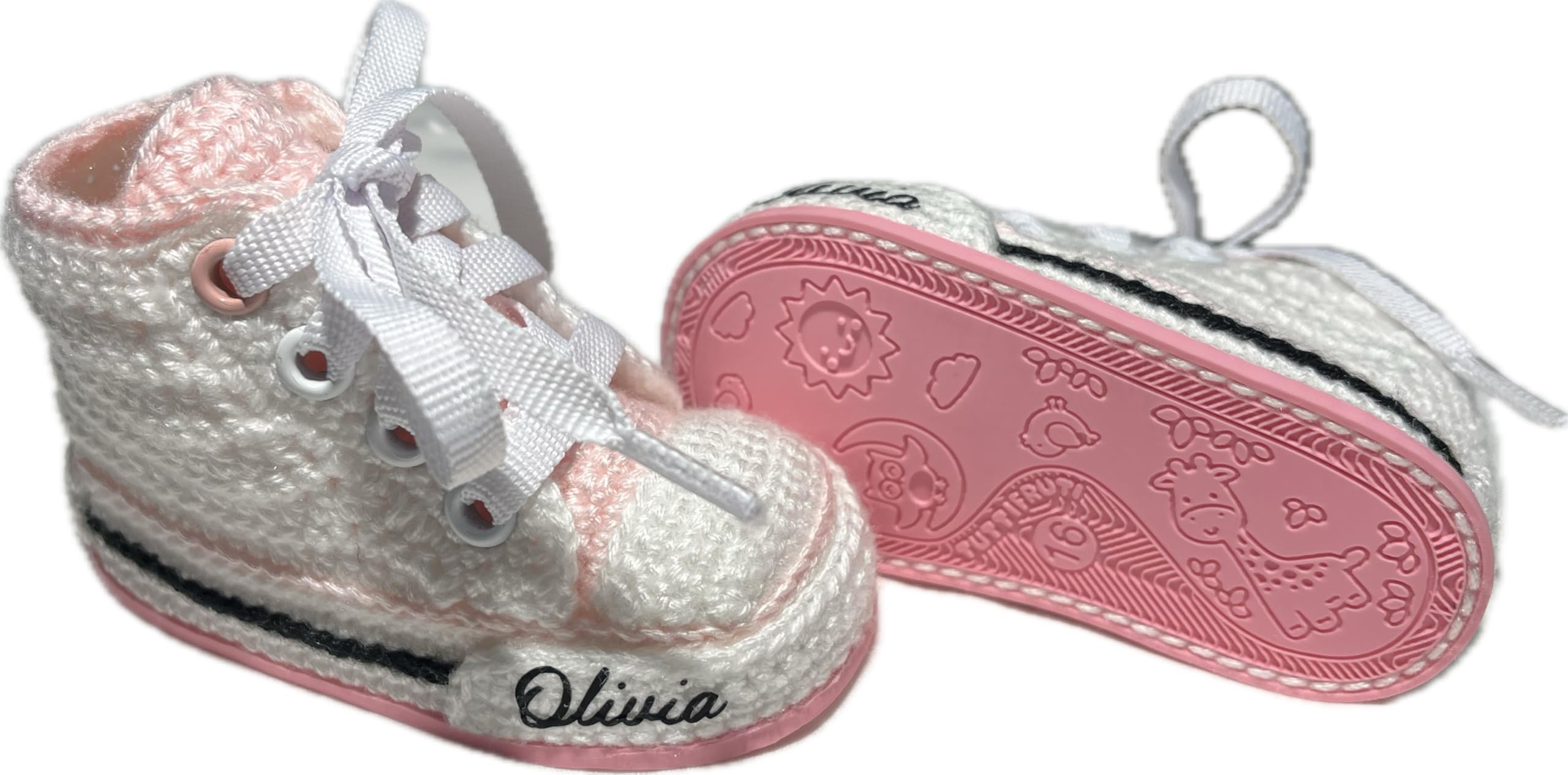 Scarpine Neonati all'Uncinetto, Sportive Alte con Linguetta Colorata, Bianco e Rosa, 0-12 Mesi, Personalizzazione Nome Gratuita