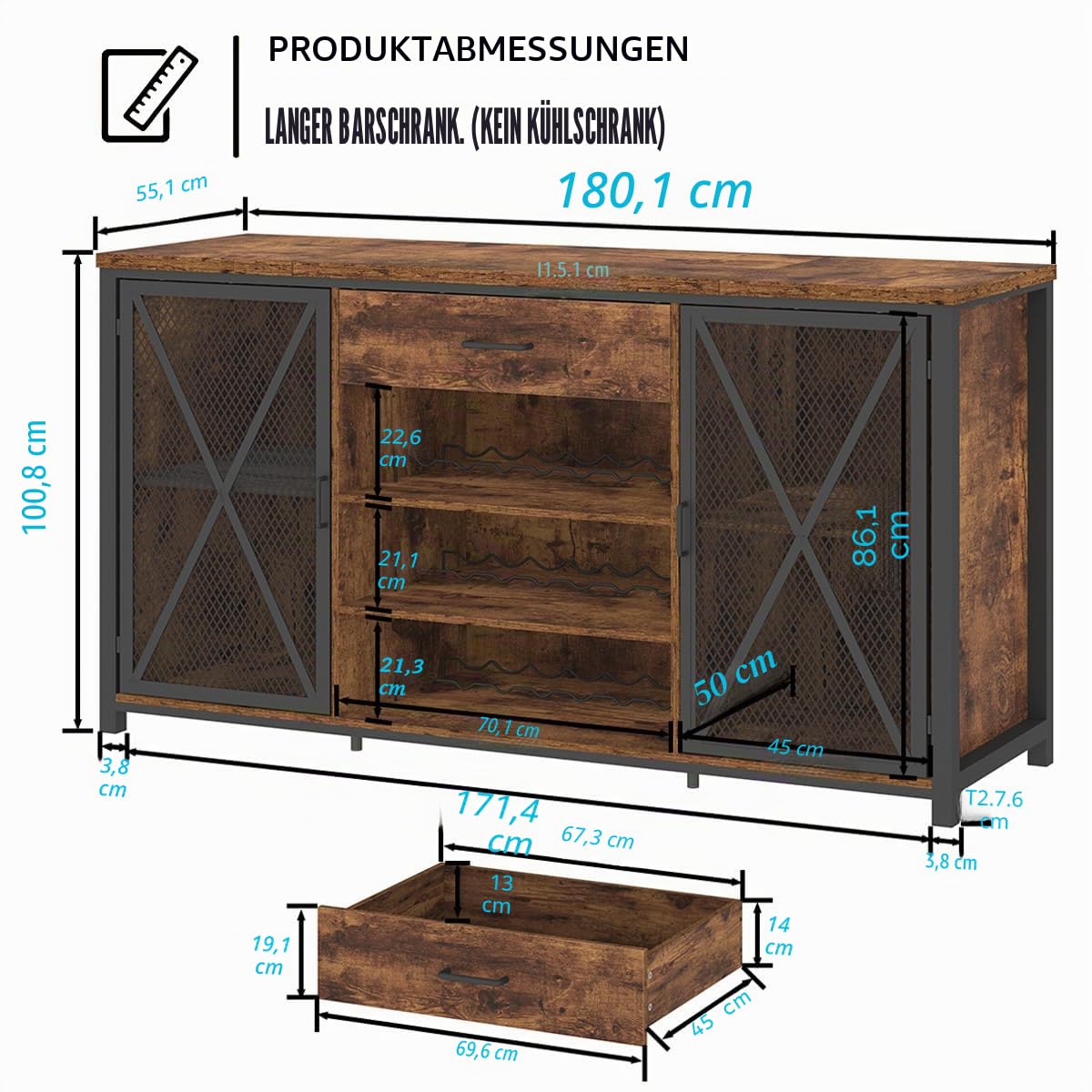 LVB Weinbarschrank mit Kühlschrank Platz Rustikaler Langer Barschränke mit Schubladen Stauraum Landhaus Holz Metall Wein Schrank Mit Regal Sideboard Büfett Für Küche Esszimmer Rustikales Braun 180cm