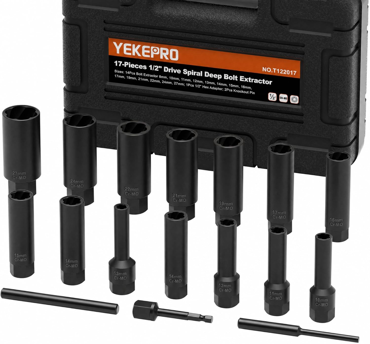 17PCS 1/2" Drive Deep Bolt Extractor Set (85mm Length), Cr-Mo Steel Spiral Socket Set for Removing Damaged, Frozen, Rusted, Stripped & Rounded-Off Bolts, Nuts & Screws