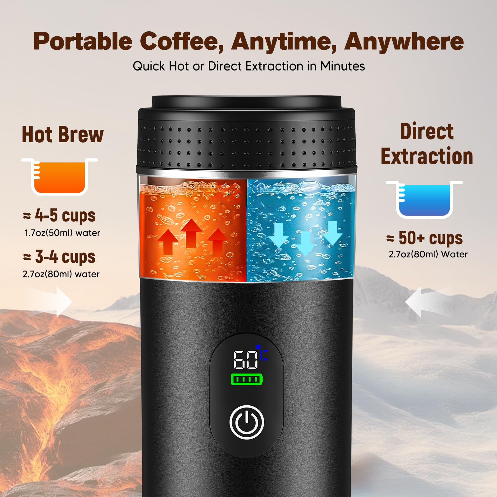 Machine à espresso portable 3 en 1, cafetière à batterie 20bars, mini machine à café nomade avec USB, écran LED, boîte de rangement, compatible café moulu et capsules, pour randonnée, bureau (Noir) - 5