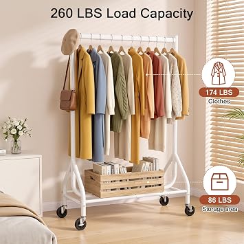 EAGMAK Small Clothes Rack with Wheels, 31.5 inch Hanging Rod (White)