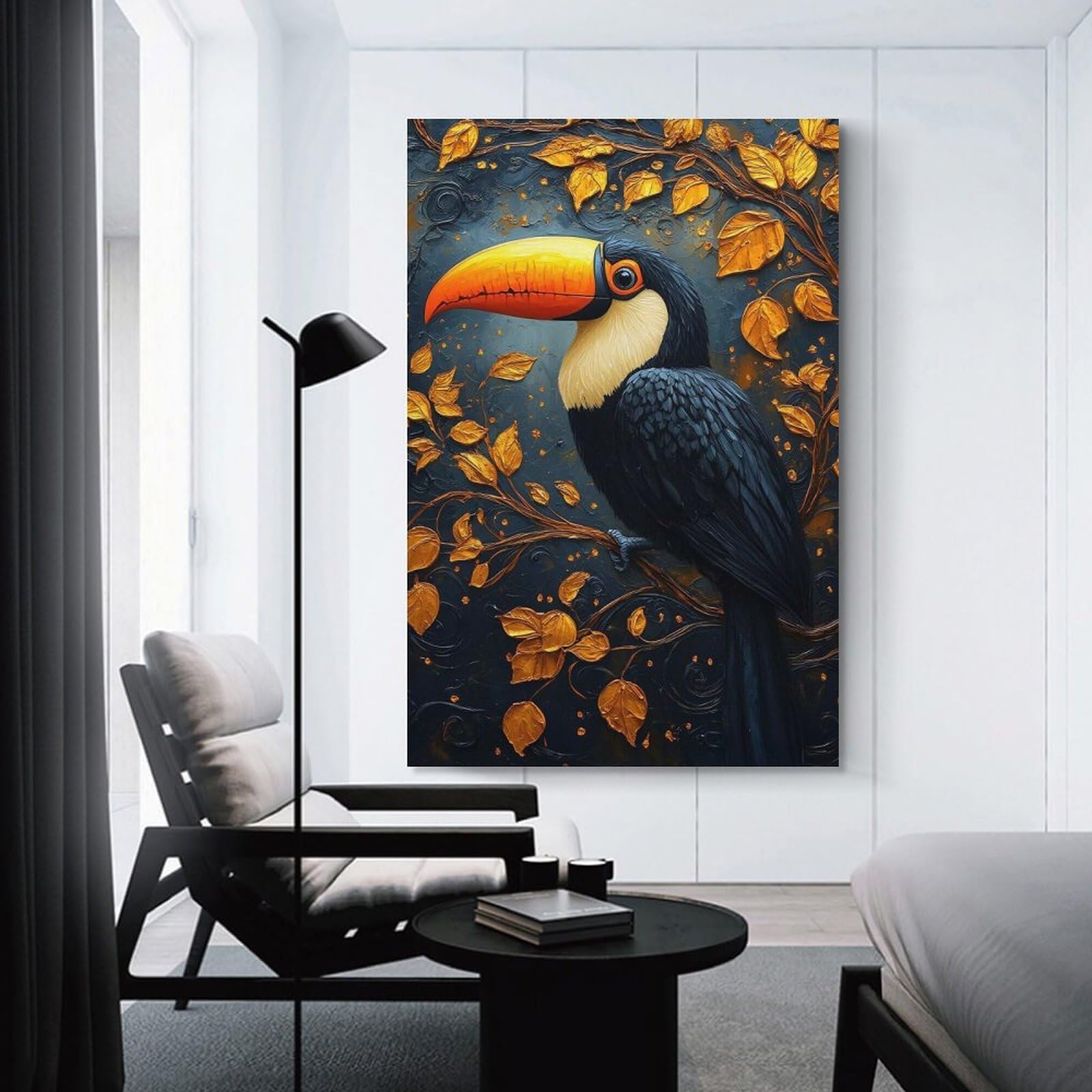 Junmoney Toucan with Golden Leaves Canvas Wall Art, 24x36inch(60x90cm), for Workspace Walls, Study Corners Or Bedrooms, An Interior Accent for Desk Areas